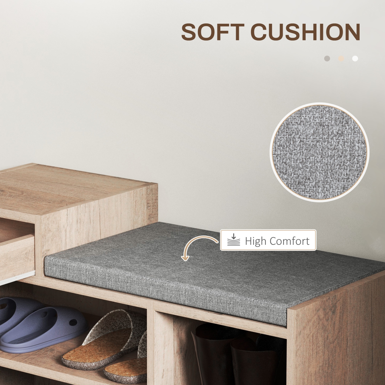 HOMCOM Shoe Bench with Storage, Modern Upholstered Entryway Bench with Shelves, Drawer, Table Top and Padded Cushion for Living Room, Hallway, Grey