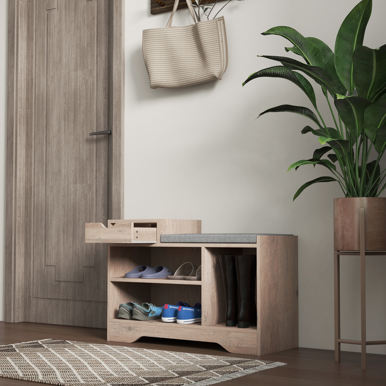 HOMCOM Shoe Bench with Storage, Modern Upholstered Entryway Bench with Shelves, Drawer, Table Top and Padded Cushion for Living Room, Hallway, Grey