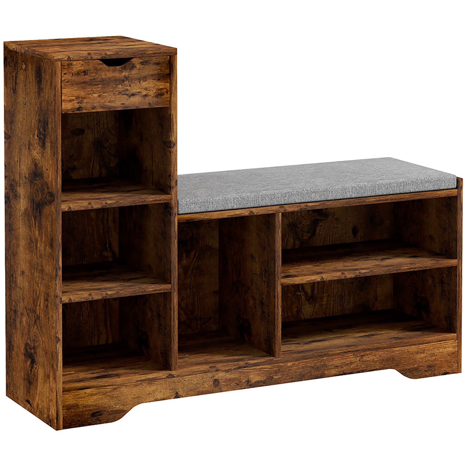 HOMCOM Shoe Bench with Seating Cushion, Entryway Bench with Adjustable Shelves, Drawer, 6 Open Compartments and Table Top for Hallway, Living Room,