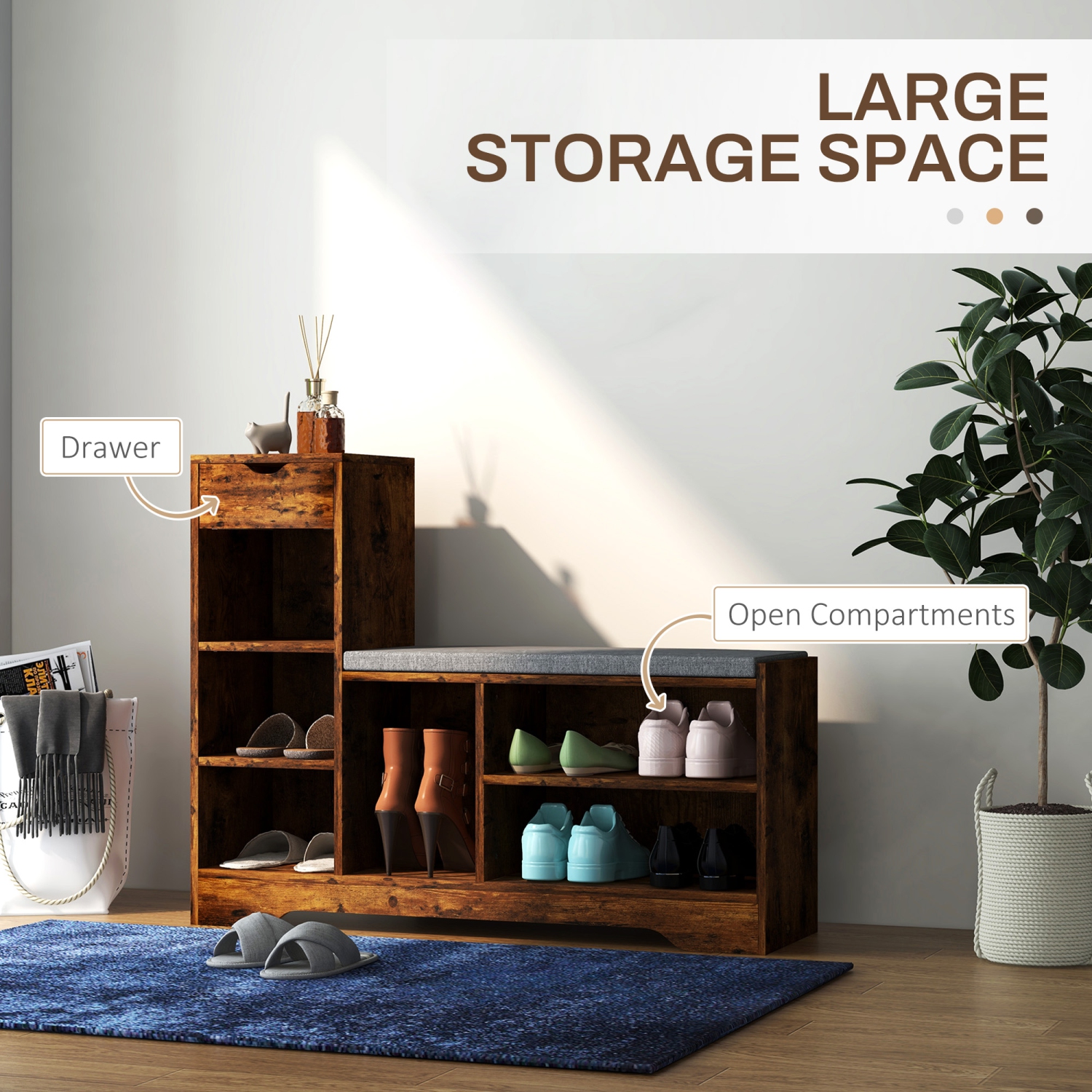 HOMCOM Shoe Bench with Seating Cushion, Entryway Bench with Adjustable Shelves, Drawer, 6 Open Compartments and Table Top for Hallway, Living Room,