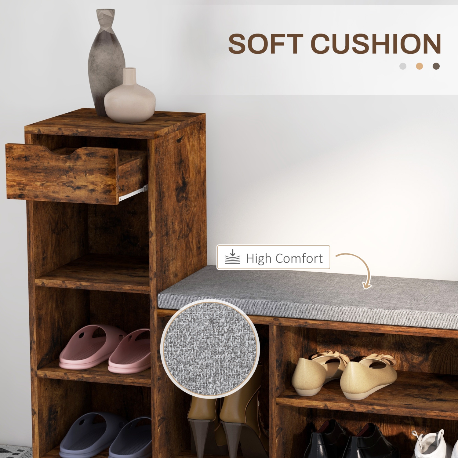 HOMCOM Shoe Bench with Seating Cushion, Entryway Bench with Adjustable Shelves, Drawer, 6 Open Compartments and Table Top for Hallway, Living Room,