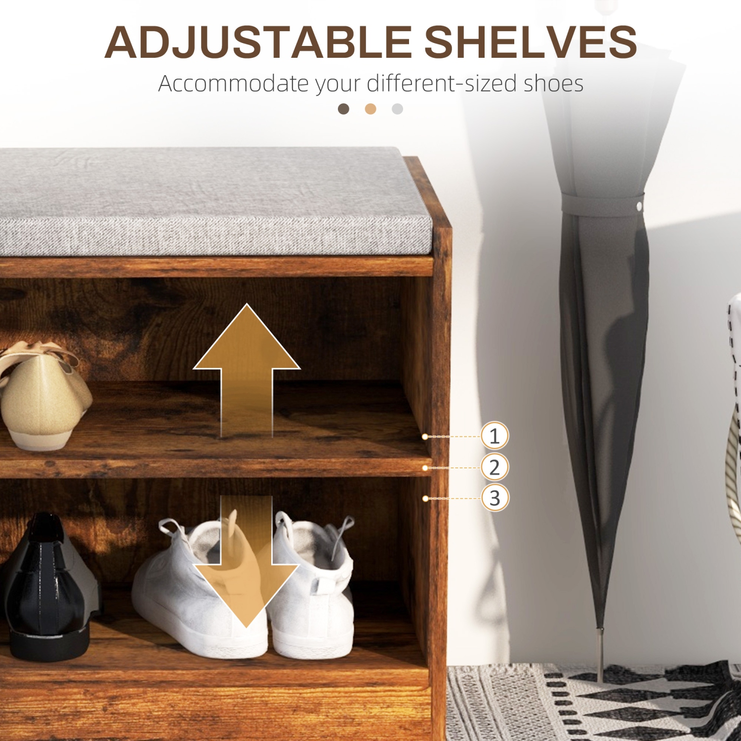 HOMCOM Shoe Bench with Seating Cushion, Entryway Bench with Adjustable Shelves, Drawer, 6 Open Compartments and Table Top for Hallway, Living Room,