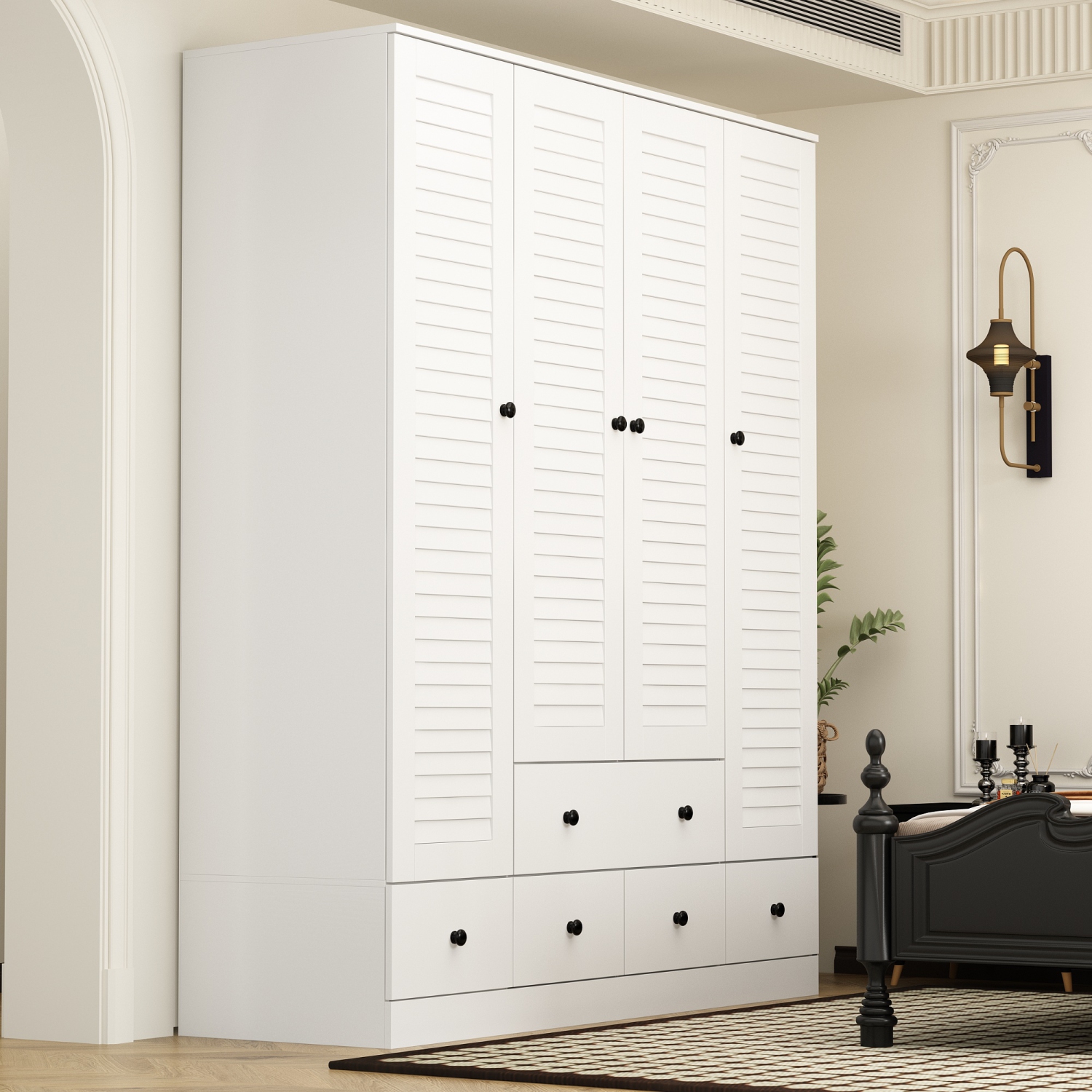 Famapy Modern 4-Door Wardrobe with Adjustable Shelves and Multiple Drawers White