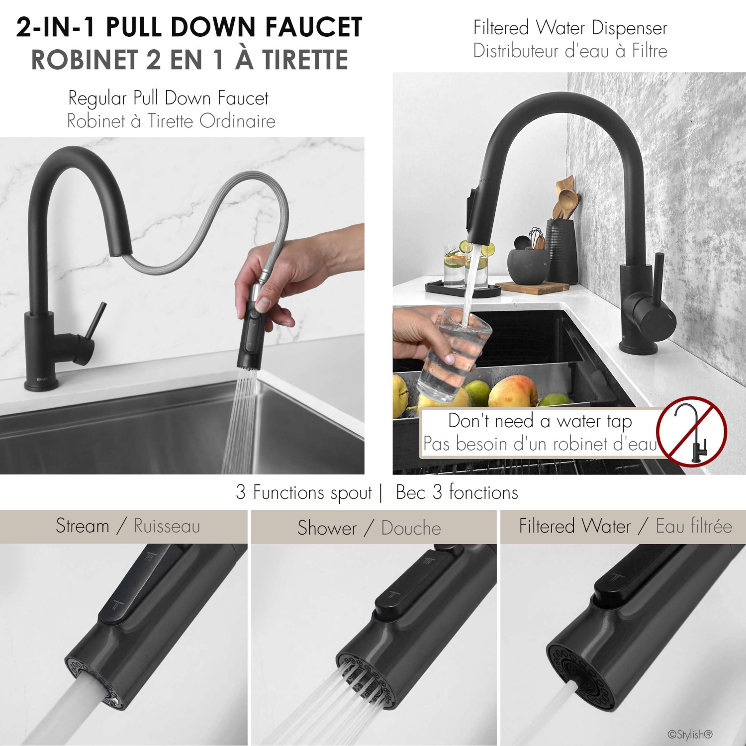 Stylish Modena 14 ⅛" Matte Black Pull-Down Dual Funtion Water Filter Faucet K-131NR