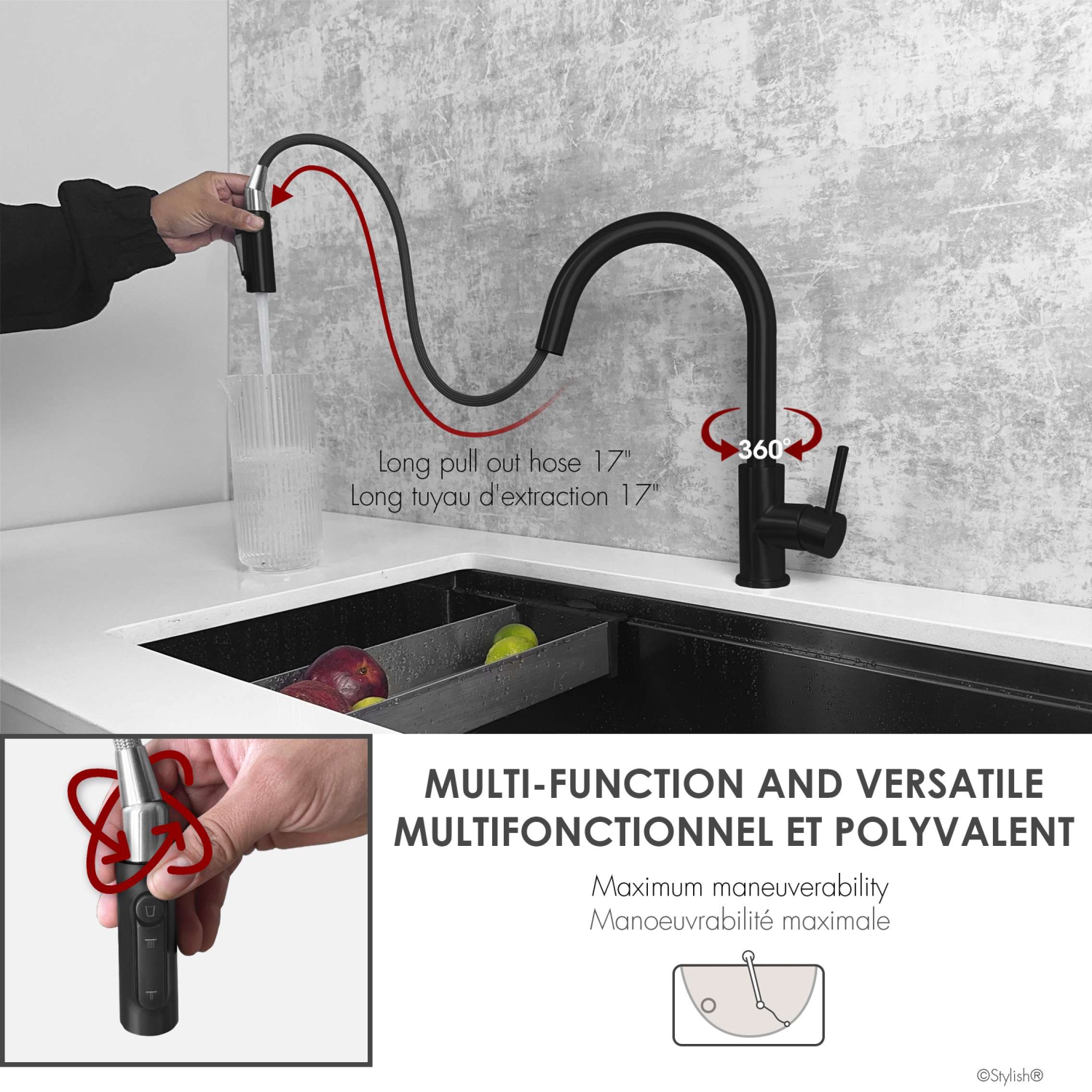 Stylish Modena 14 ⅛" Matte Black Pull-Down Dual Funtion Water Filter Faucet K-131NR