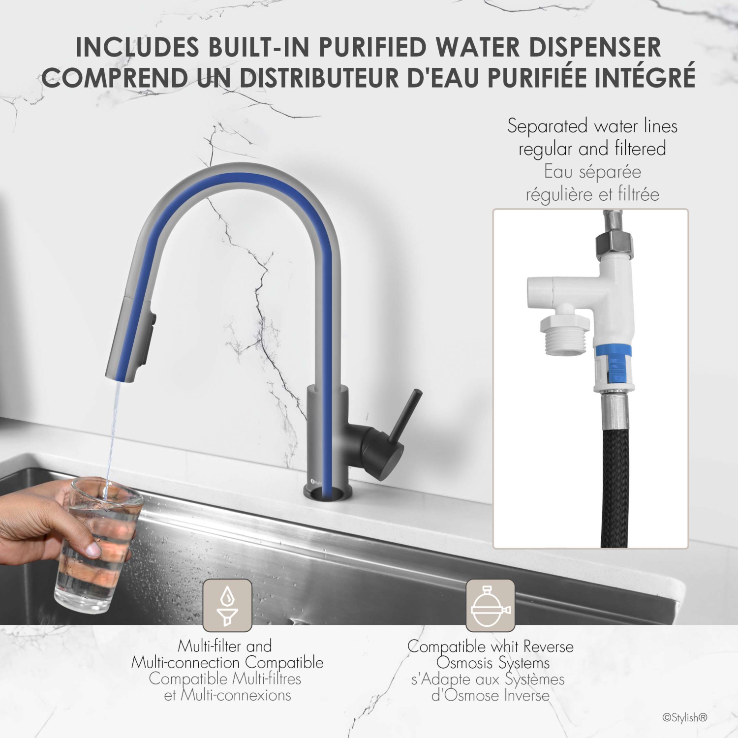 Stylish Modena 14 ⅛" Matte Black Pull-Down Dual Funtion Water Filter Faucet K-131NR