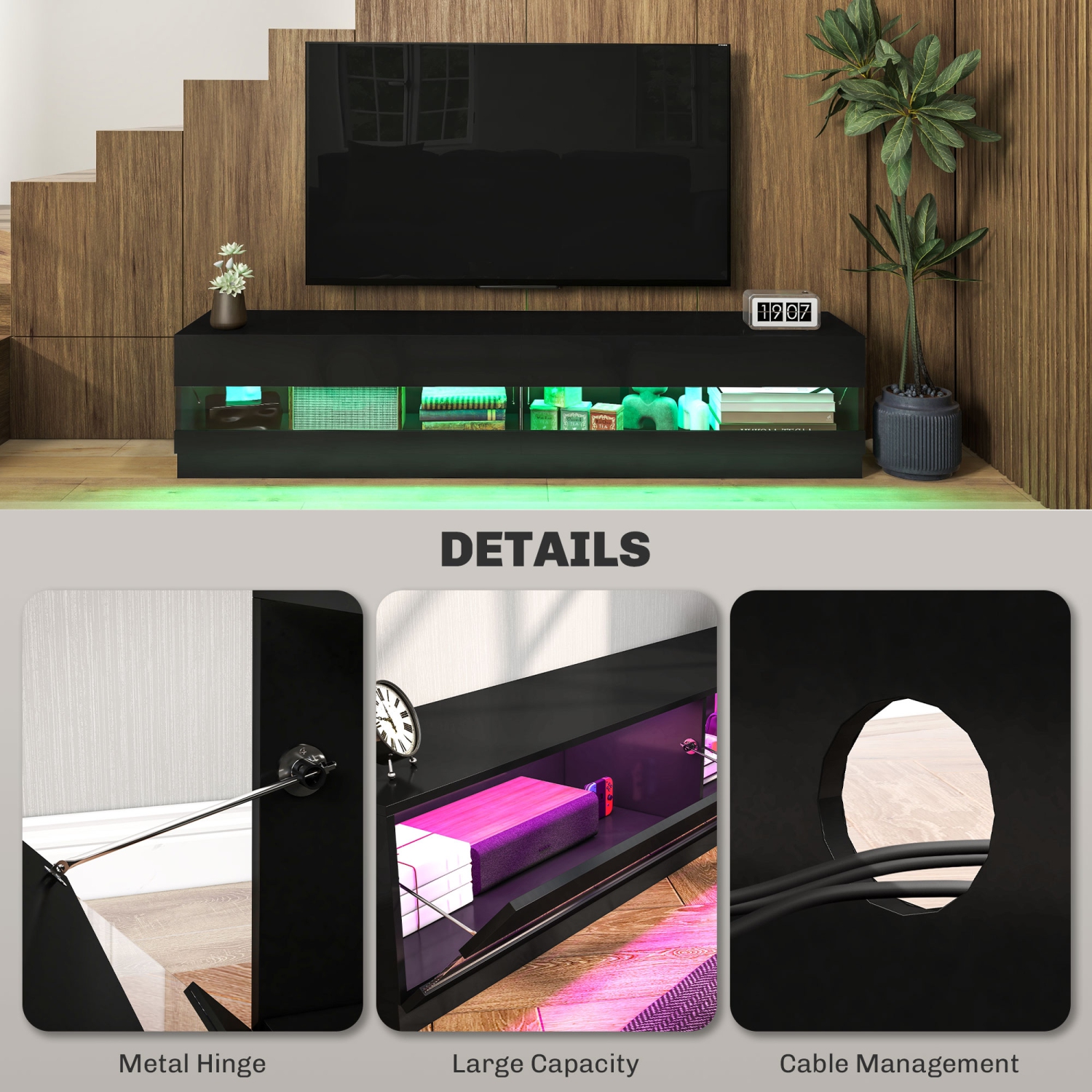 HOMCOM – Meuble pour téléviseur très lustré pour téléviseurs jusqu’à 75 po, centre de divertissement avec éclairage DEL, console multimédia avec