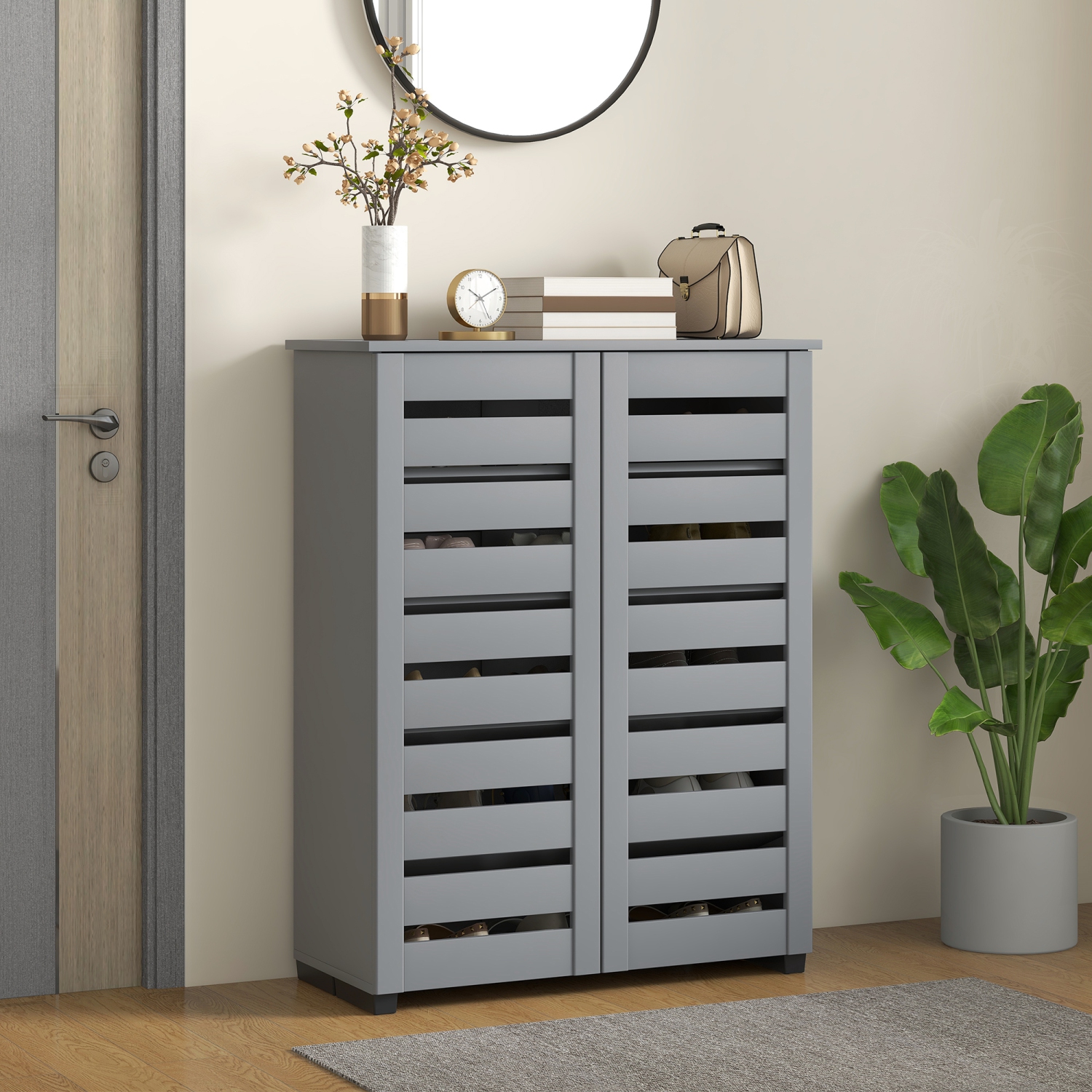 HOMCOM – Armoire à chaussures étroite avec 2 portes à lattes, armoire de rangement moderne pour chaussures avec tablettes réglables pour entrée,
