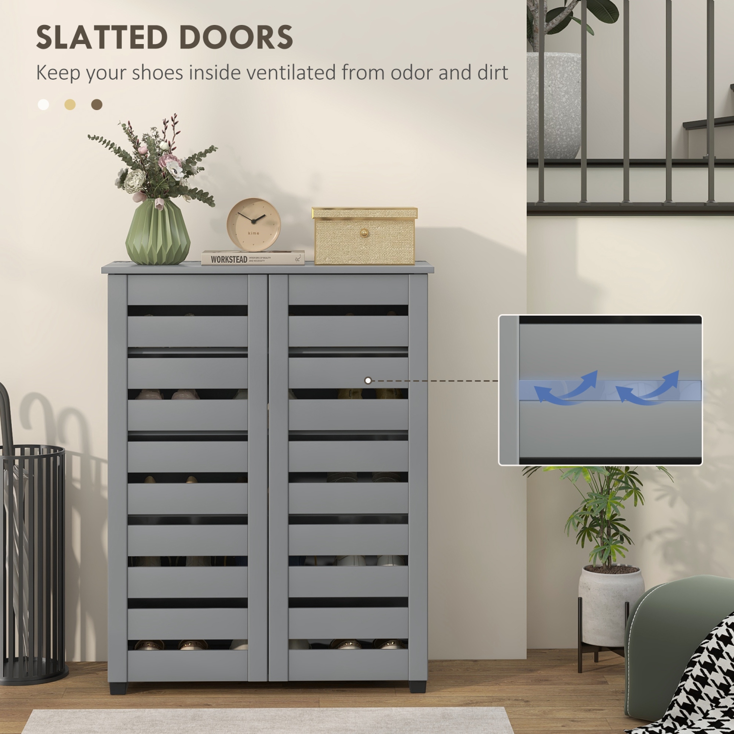 HOMCOM – Armoire à chaussures étroite avec 2 portes à lattes, armoire de rangement moderne pour chaussures avec tablettes réglables pour entrée,