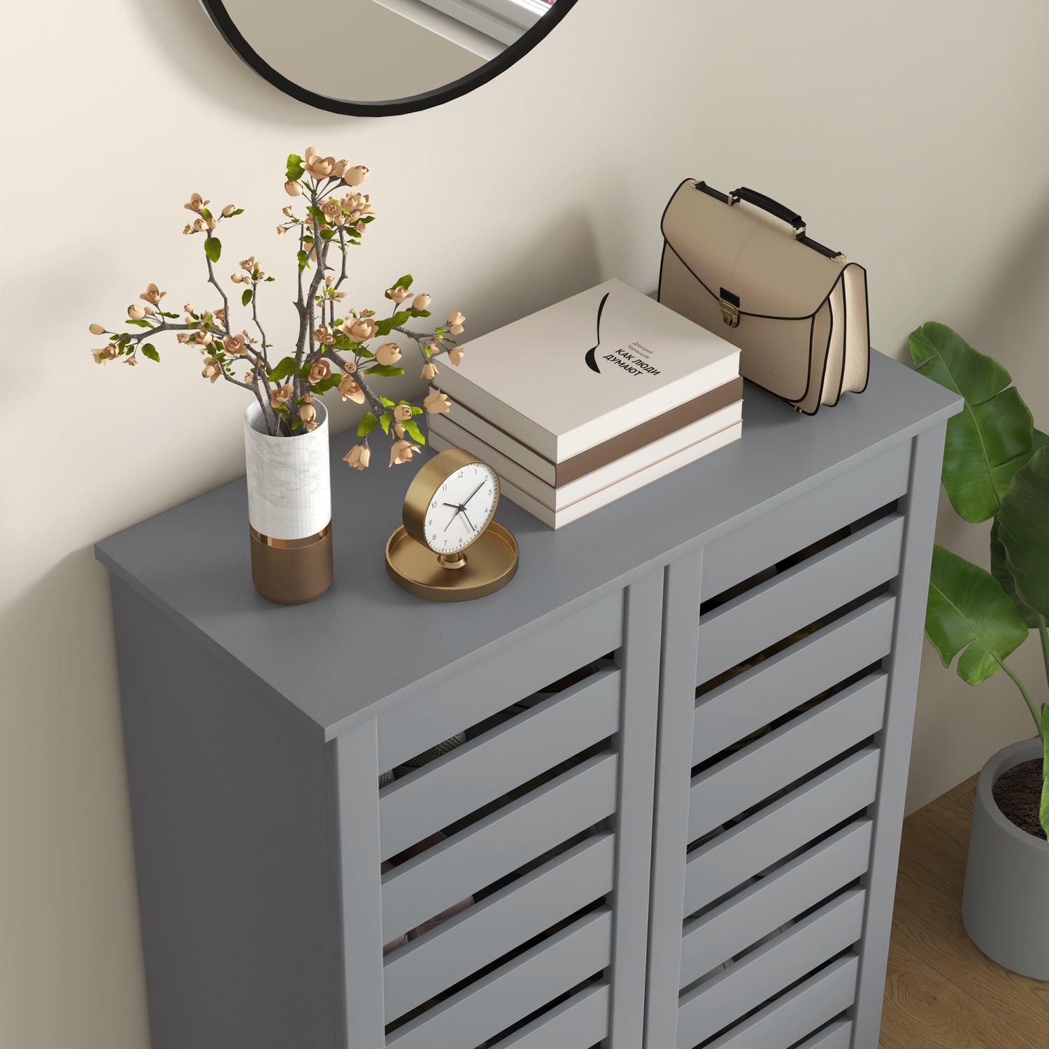 HOMCOM – Armoire à chaussures étroite avec 2 portes à lattes, armoire de rangement moderne pour chaussures avec tablettes réglables pour entrée,