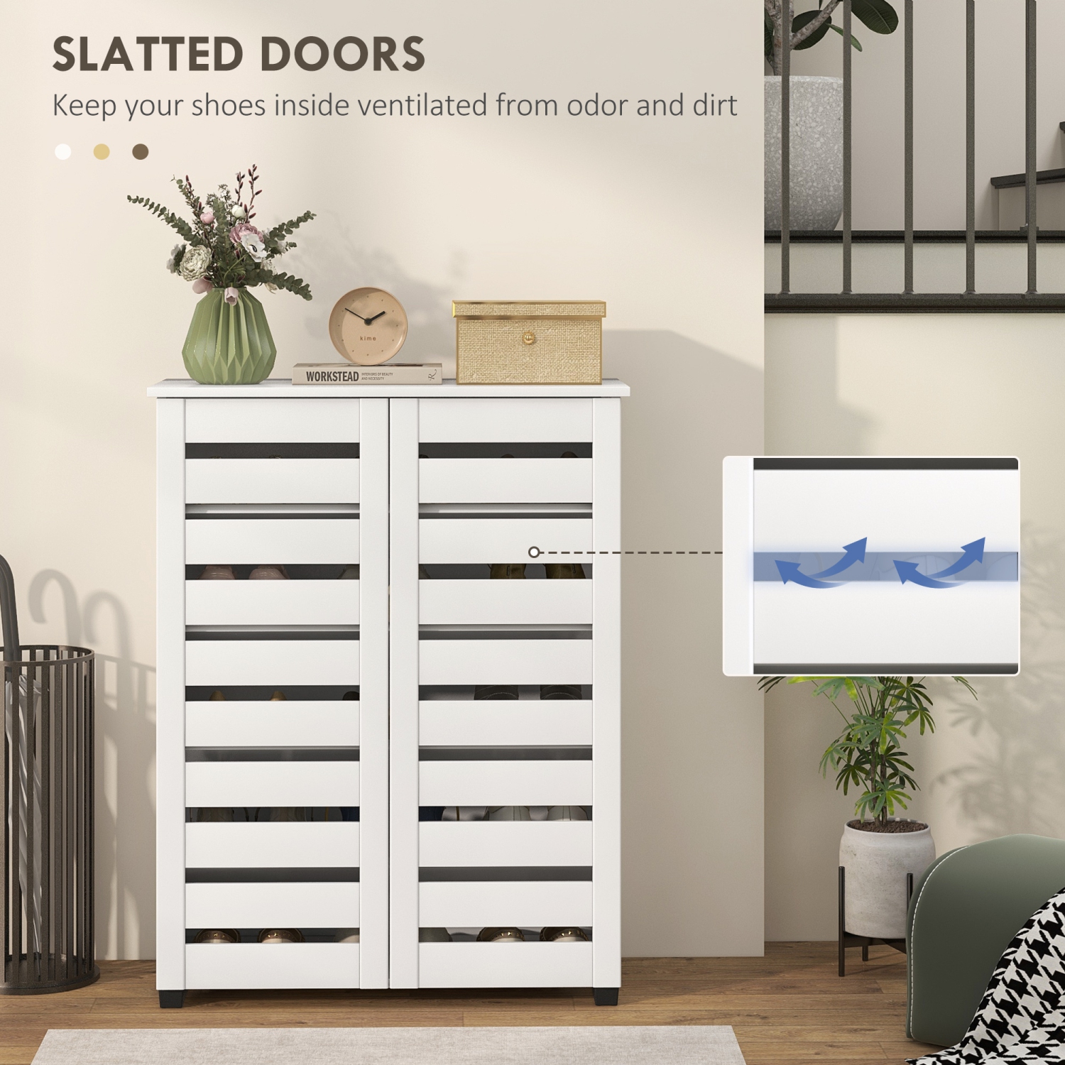 HOMCOM – Armoire à chaussures étroite avec 2 portes à lattes, armoire de rangement moderne pour chaussures avec tablettes réglables pour entrée,