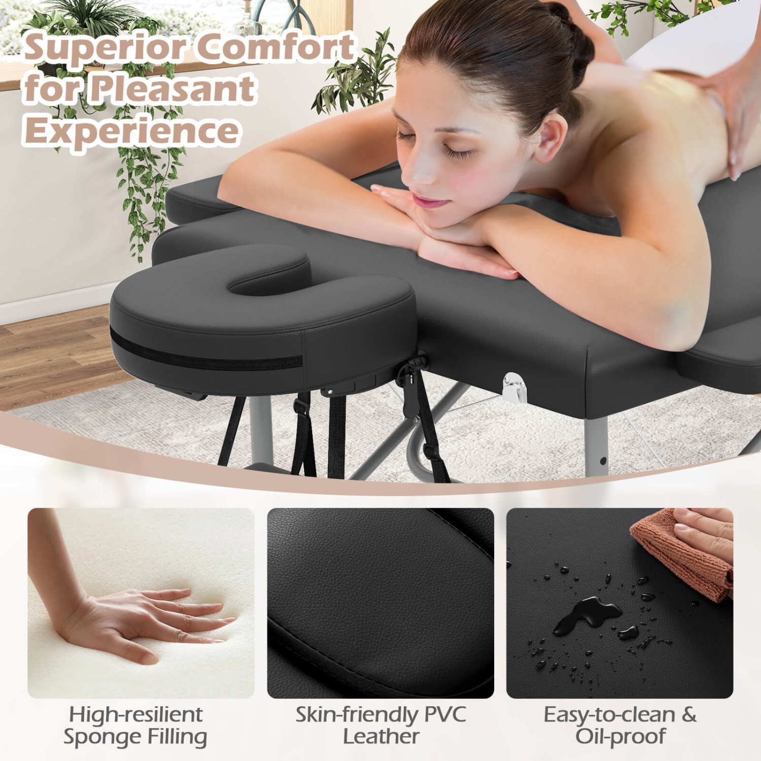 Costway 84" 2-Section Foldable Salon Spa Beauty Bed with Face Cradle Adjustable Height