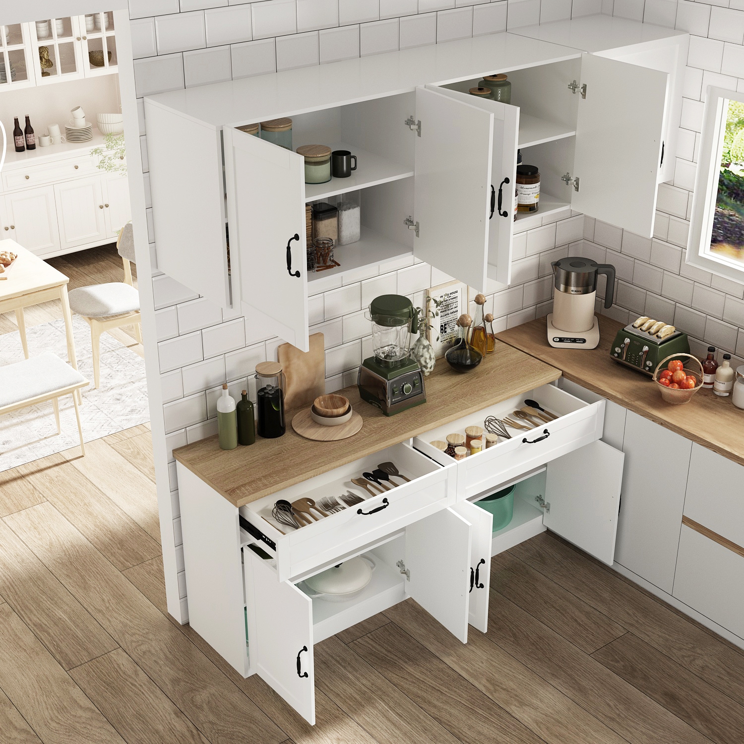 Famapy Kitchen Storage Cabinet Set with Drawers, Upper and Lower Cabinets, and Spacious Countertop White