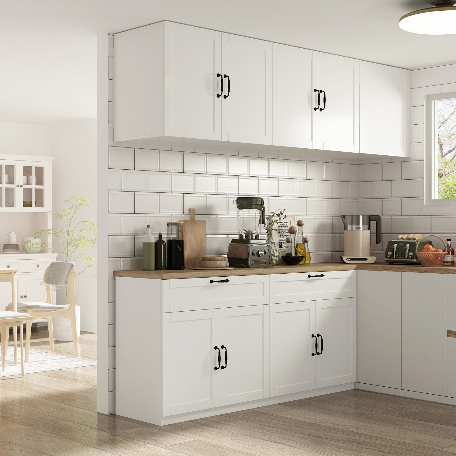 Famapy Kitchen Storage Cabinet Set with Drawers, Upper and Lower Cabinets, and Spacious Countertop White