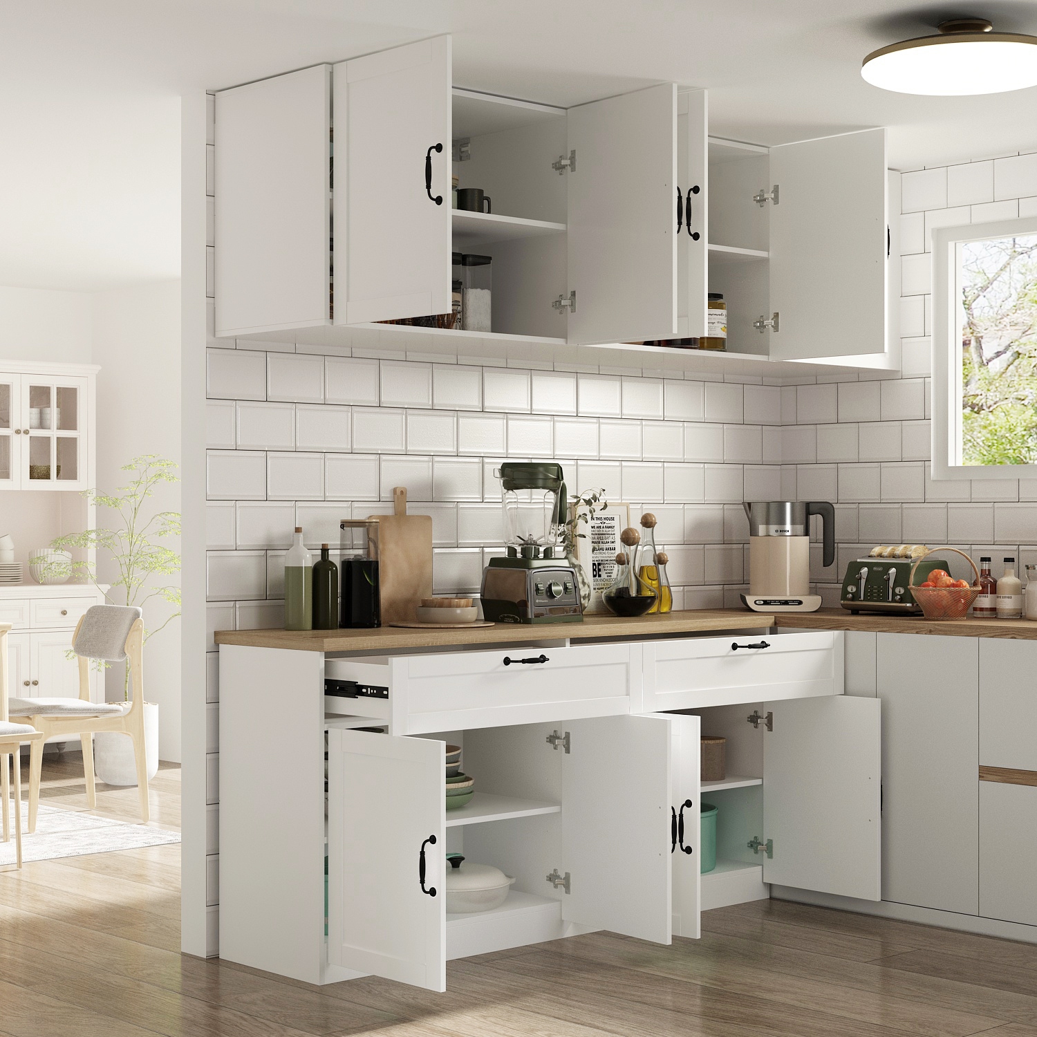Famapy Kitchen Storage Cabinet Set with Drawers, Upper and Lower Cabinets, and Spacious Countertop White