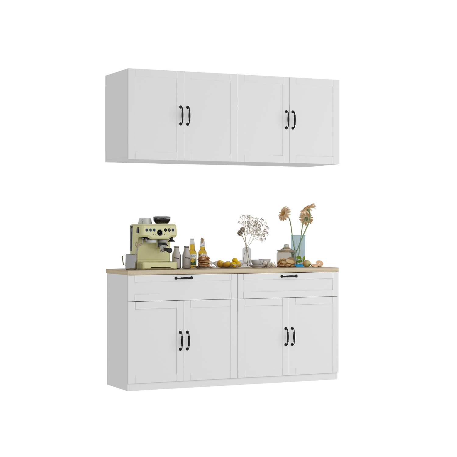 Famapy Kitchen Storage Cabinet Set with Drawers, Upper and Lower Cabinets, and Spacious Countertop White