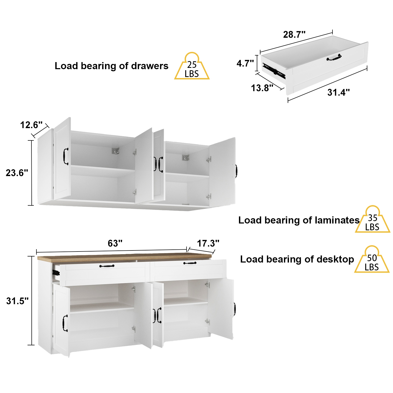 Famapy Kitchen Storage Cabinet Set with Drawers, Upper and Lower Cabinets, and Spacious Countertop White