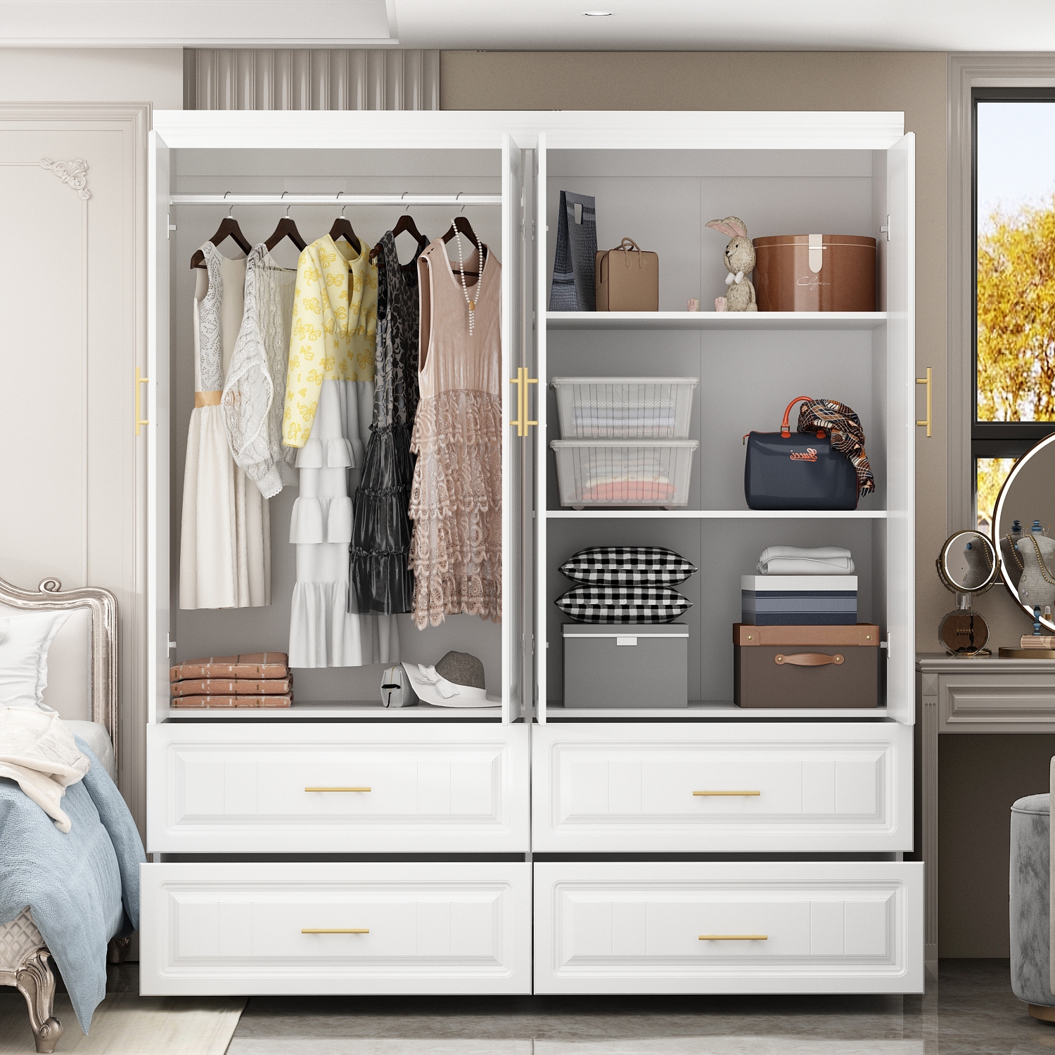 Famapy Spacious 4-Door Wardrobe with Adjustable Shelves and Drawers（63" W x 20.6" D x 74.2" H）White