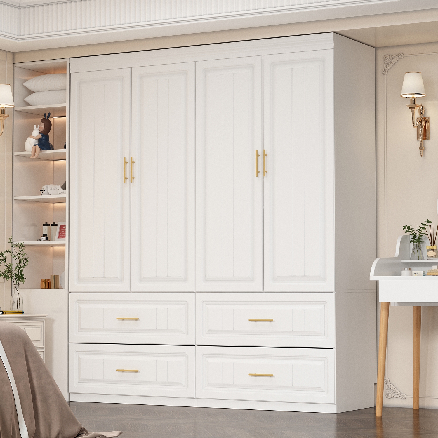 Famapy Spacious 4-Door Wardrobe with Adjustable Shelves and Drawers（63" W x 20.6" D x 74.2" H）White