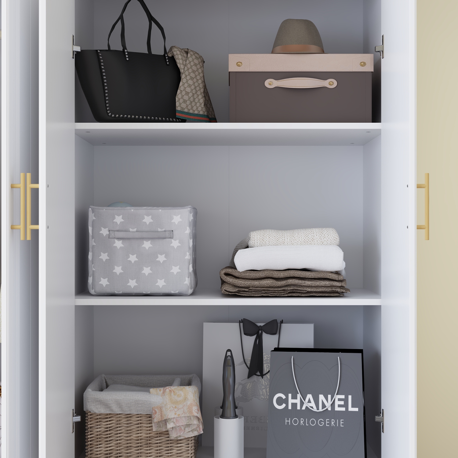 Famapy Spacious 4-Door Wardrobe with Adjustable Shelves and Drawers（63" W x 20.6" D x 74.2" H）White