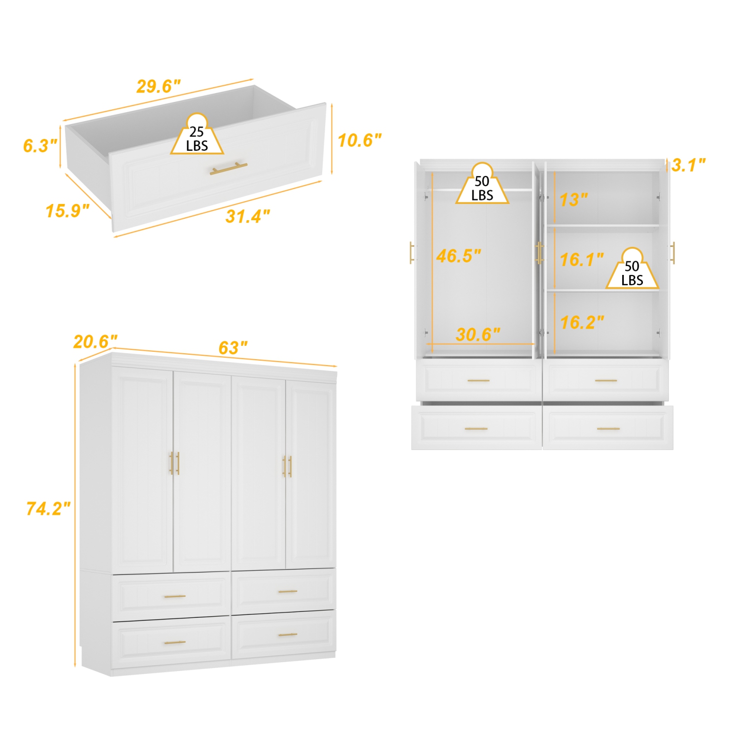 Famapy Spacious 4-Door Wardrobe with Adjustable Shelves and Drawers（63" W x 20.6" D x 74.2" H）White