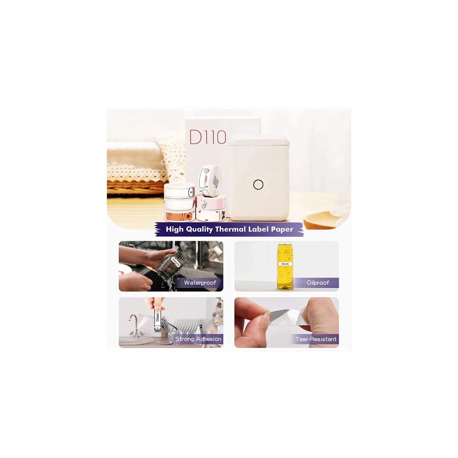 New Color D110 Portable Bluetooth Label Printer Thermal Mini Label Maker Machine With Label Tape Sticker Self-Adhesive Printer,White