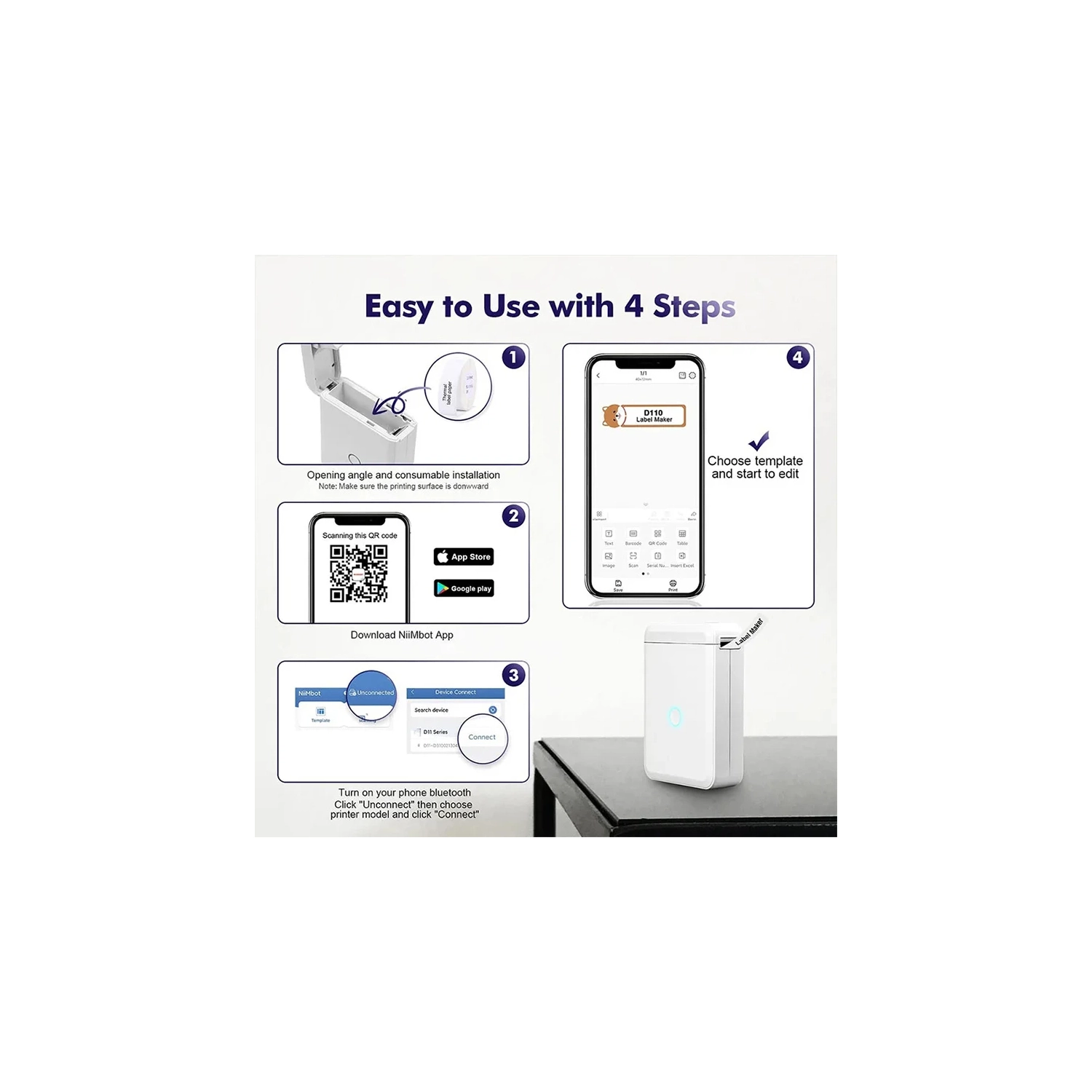 New Color D110 Portable Bluetooth Label Printer Thermal Mini Label Maker Machine With Label Tape Sticker Self-Adhesive Printer,Light Pink