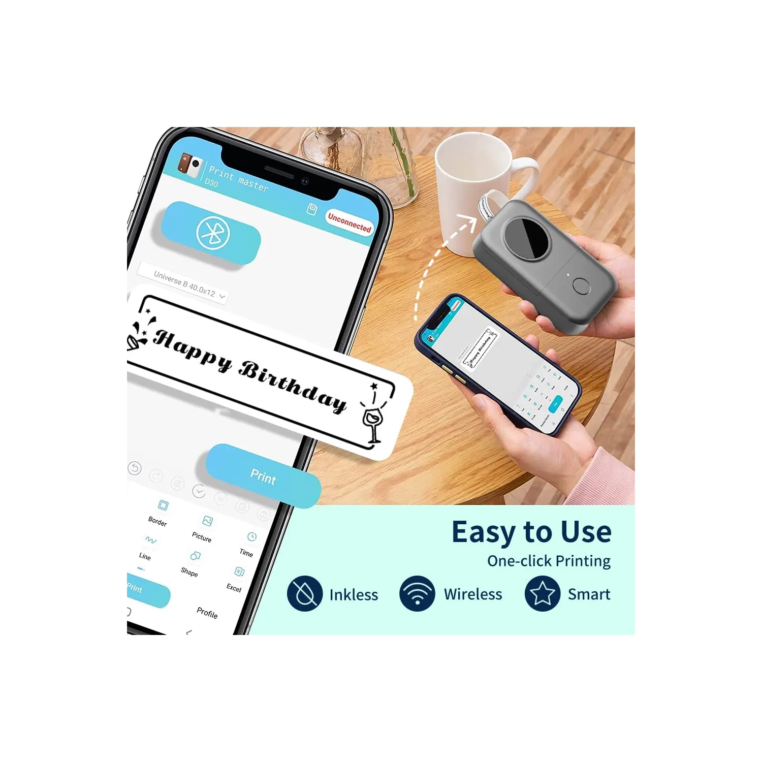 Label Makers Machine Bluetooth Portable Wireless D30 Small Label Maker Thermal Sticker Printer with Tape 12mm School Office Home,White