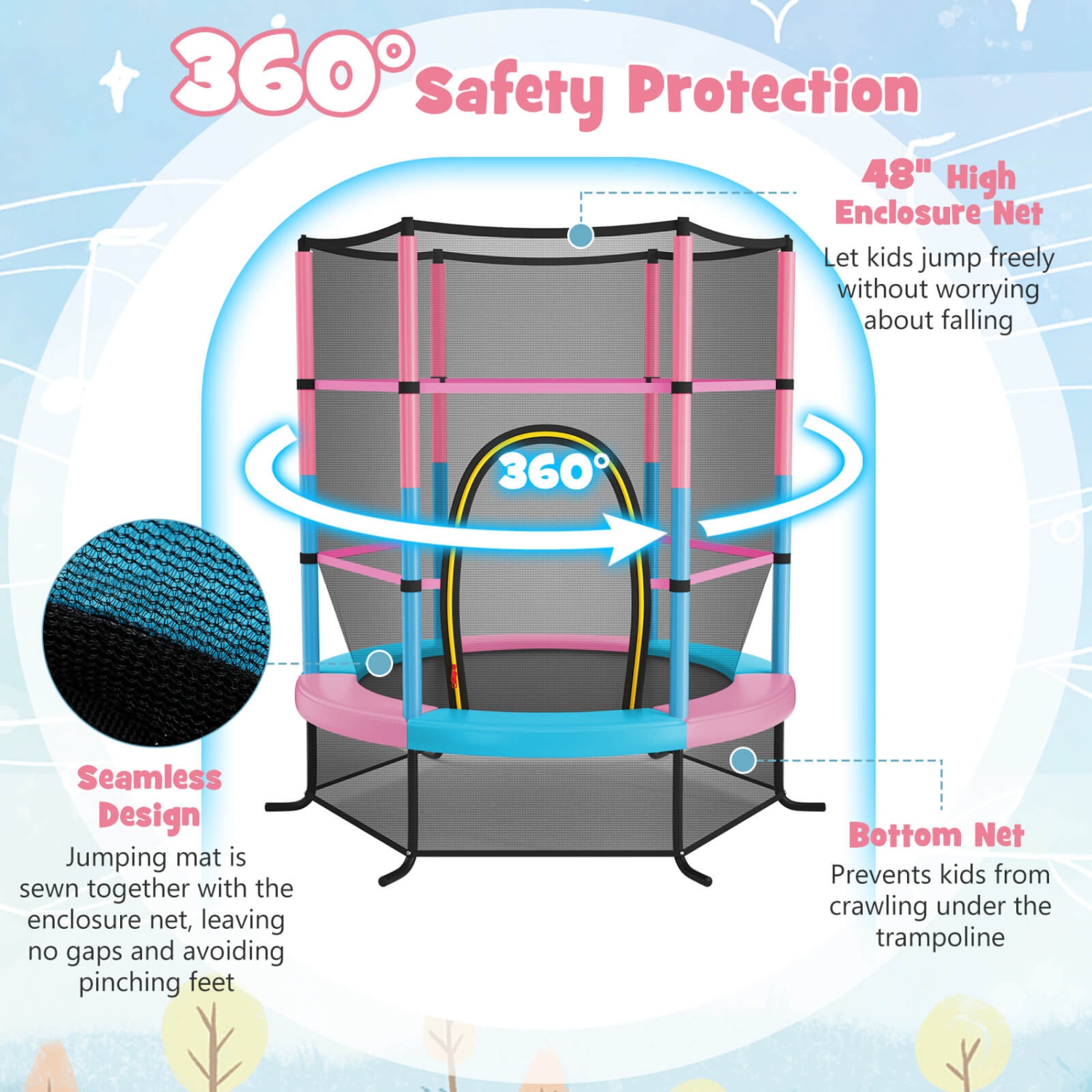 Costway Youth Jumping Round Trampoline 55'' Exercise W/ Safety Pad Enclosure Combo Kids