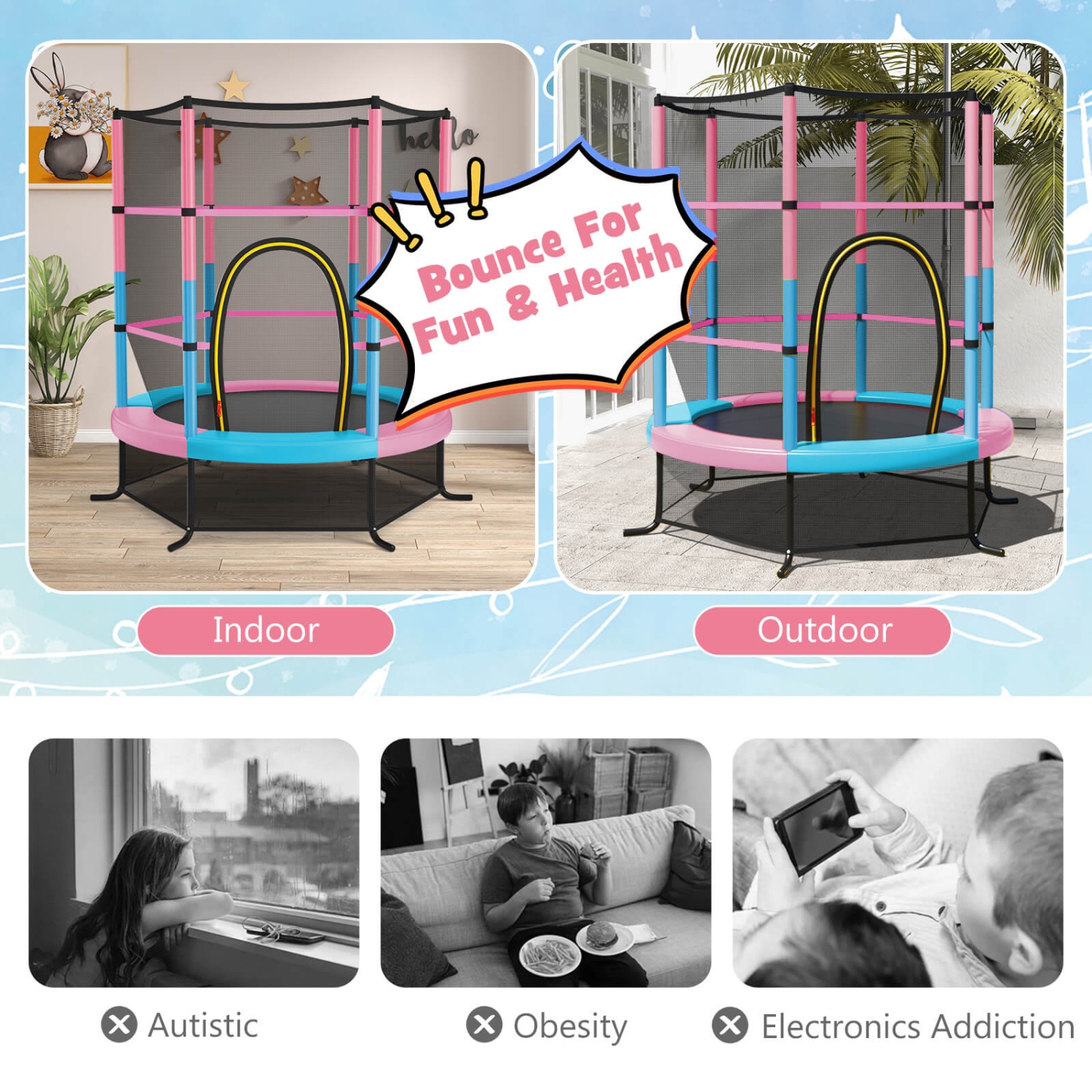 Costway Youth Jumping Round Trampoline 55'' Exercise W/ Safety Pad Enclosure Combo Kids