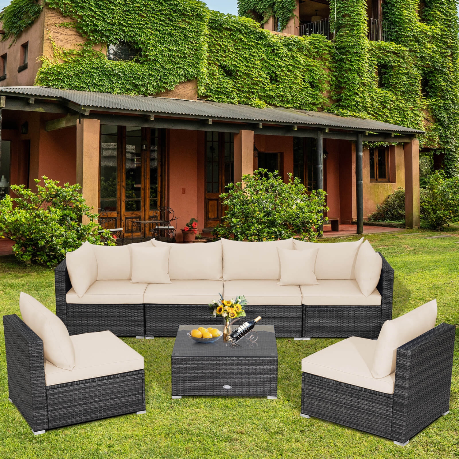 Ensemble patio de meubles en rotin 7PCS de Costway avec divan et jardin coussiné