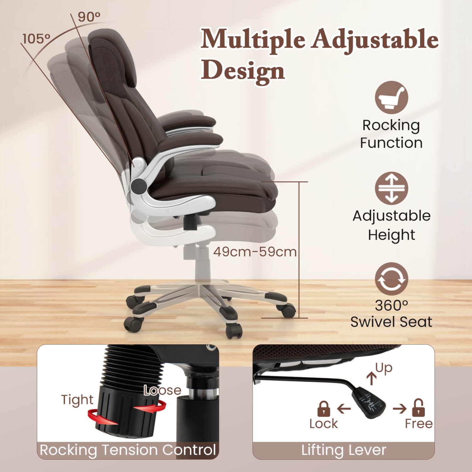 Fauteuil de bureau ergonomique pivotant en cuir de polyuréthane avec accoudoirs rabattables de Costway