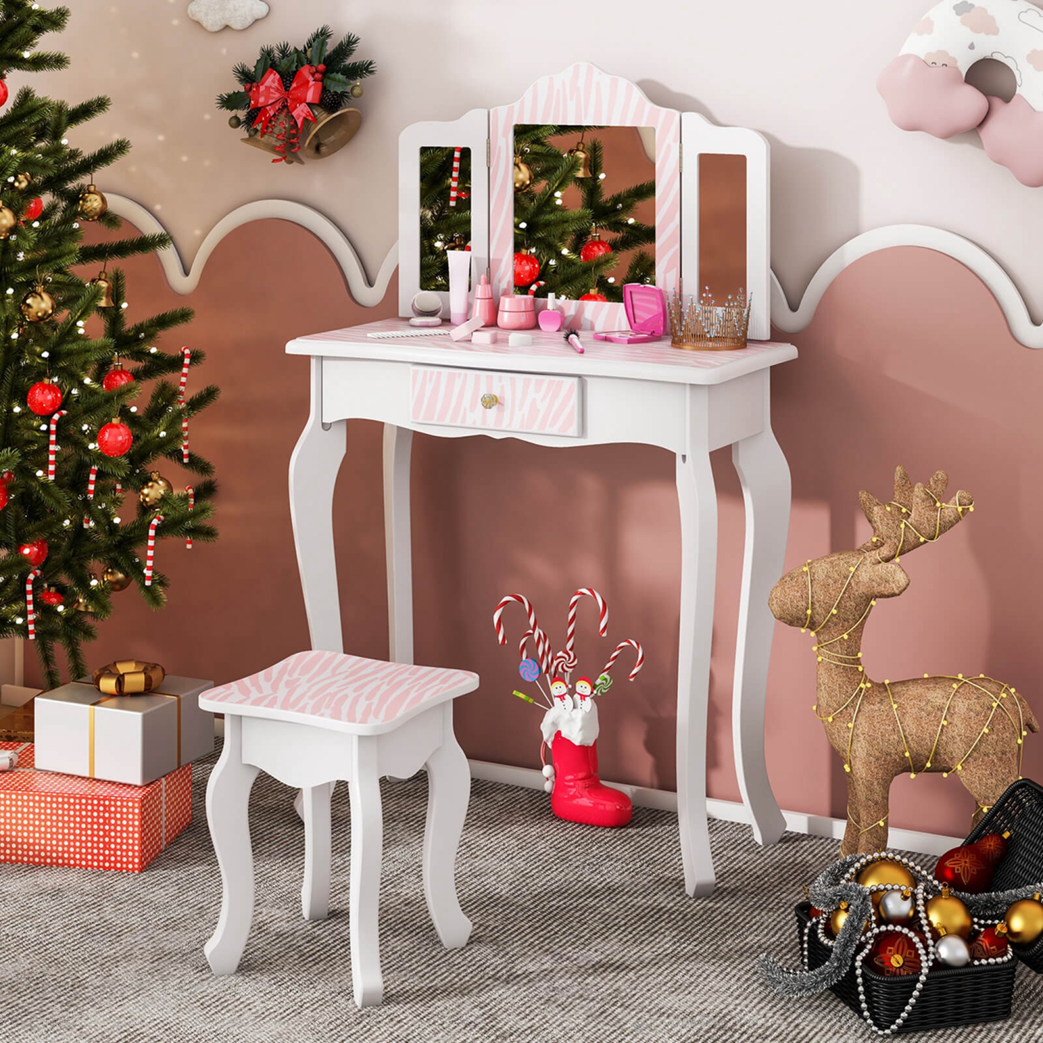 Costway Kids Vanity Table & Stool Set with Cute Polka Dot Print Tri-folding Mirror Drawer