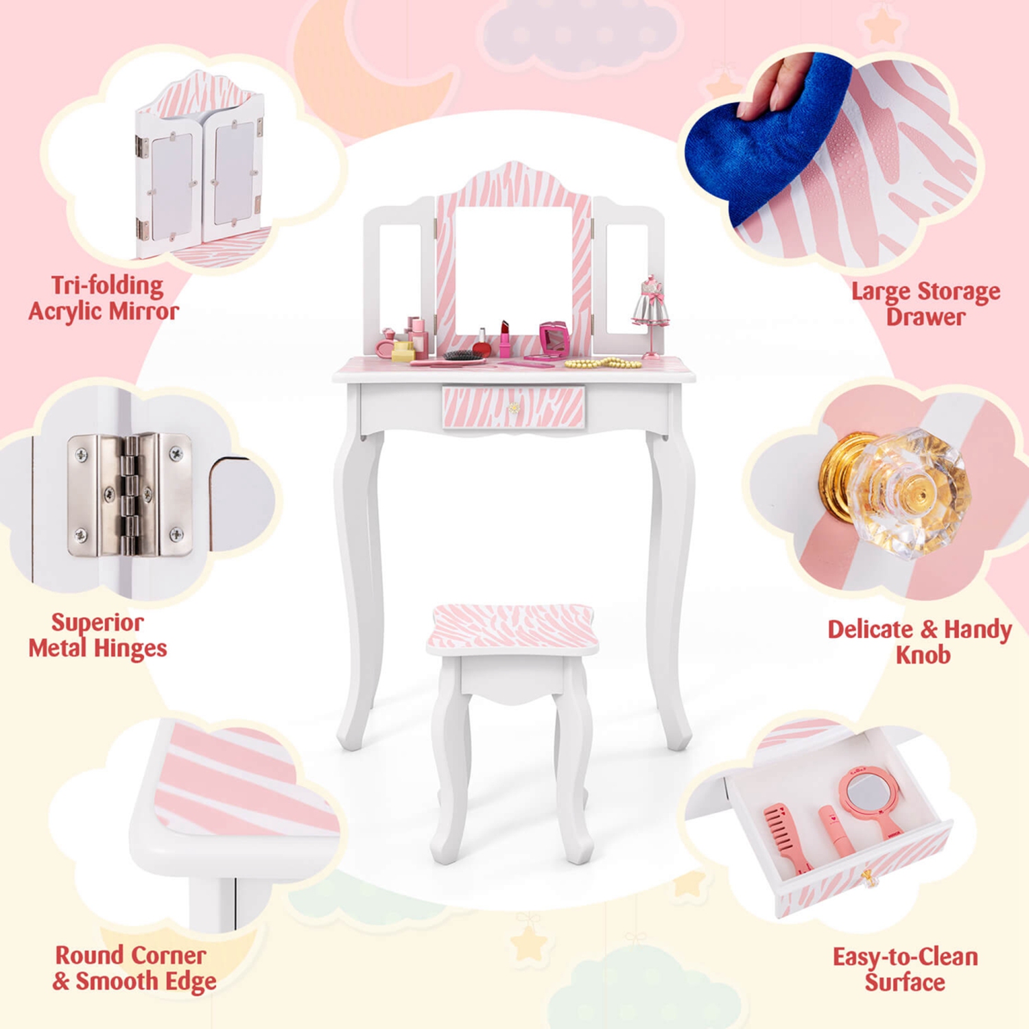 Costway Kids Vanity Table & Stool Set with Cute Polka Dot Print Tri-folding Mirror Drawer