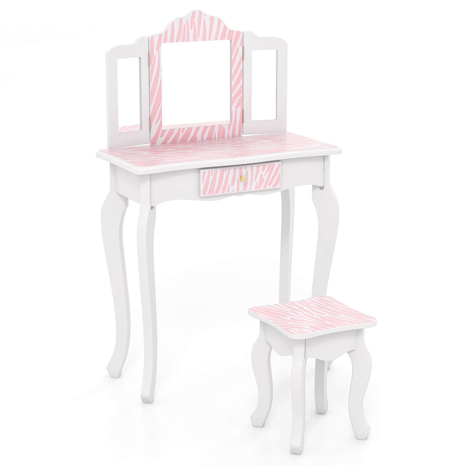 Costway Kids Vanity Table & Stool Set with Cute Polka Dot Print Tri-folding Mirror Drawer