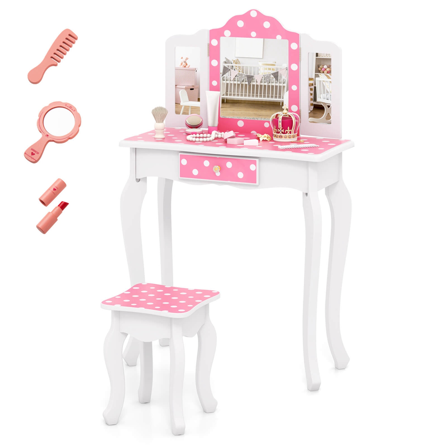 Costway Kids Vanity Table & Stool Set with Cute Polka Dot Print Tri-folding Mirror Drawer