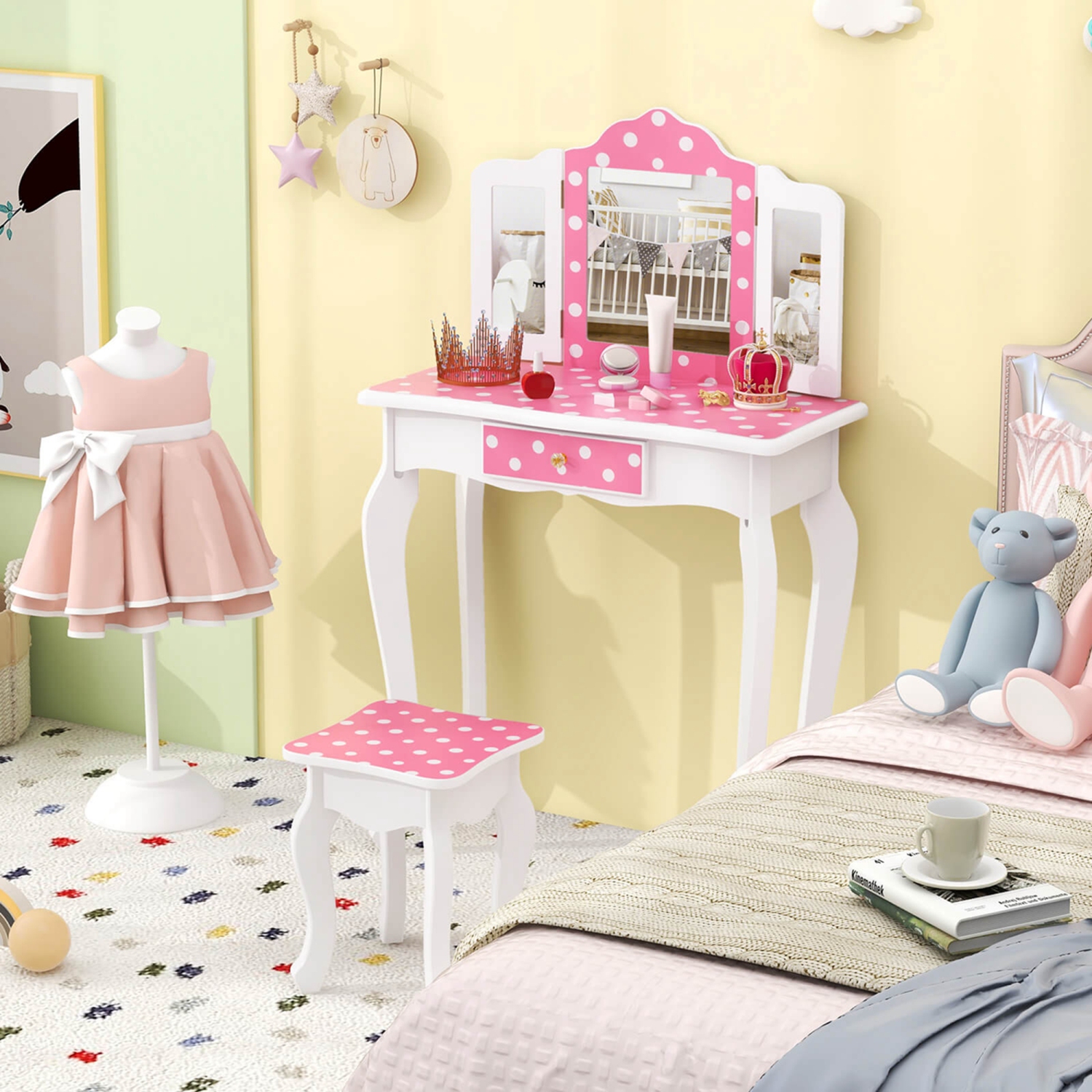 Costway Kids Vanity Table & Stool Set with Cute Polka Dot Print Tri-folding Mirror Drawer