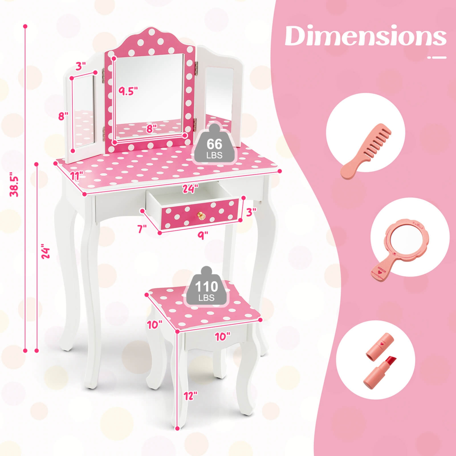 Costway Kids Vanity Table & Stool Set with Cute Polka Dot Print Tri-folding Mirror Drawer
