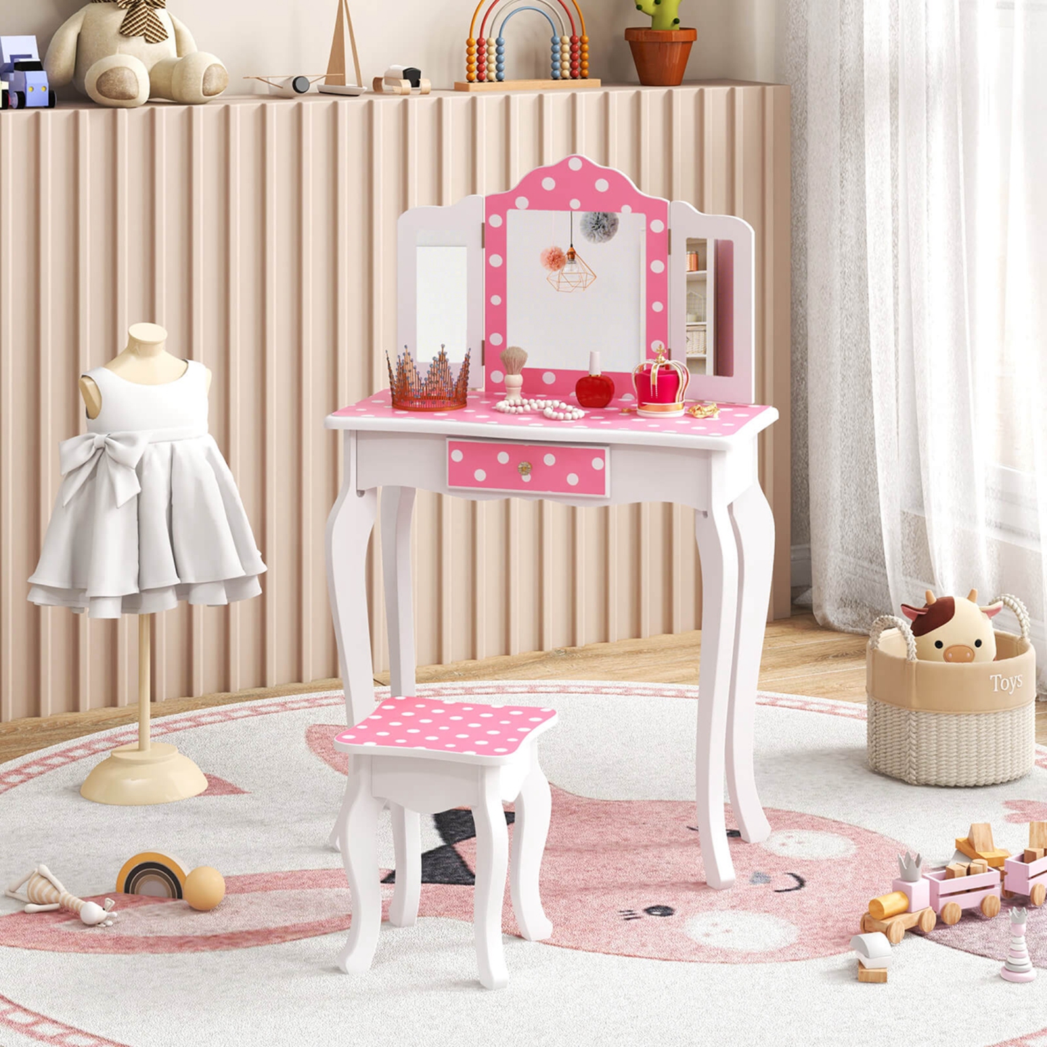 Costway Kids Vanity Table & Stool Set with Cute Polka Dot Print Tri-folding Mirror Drawer