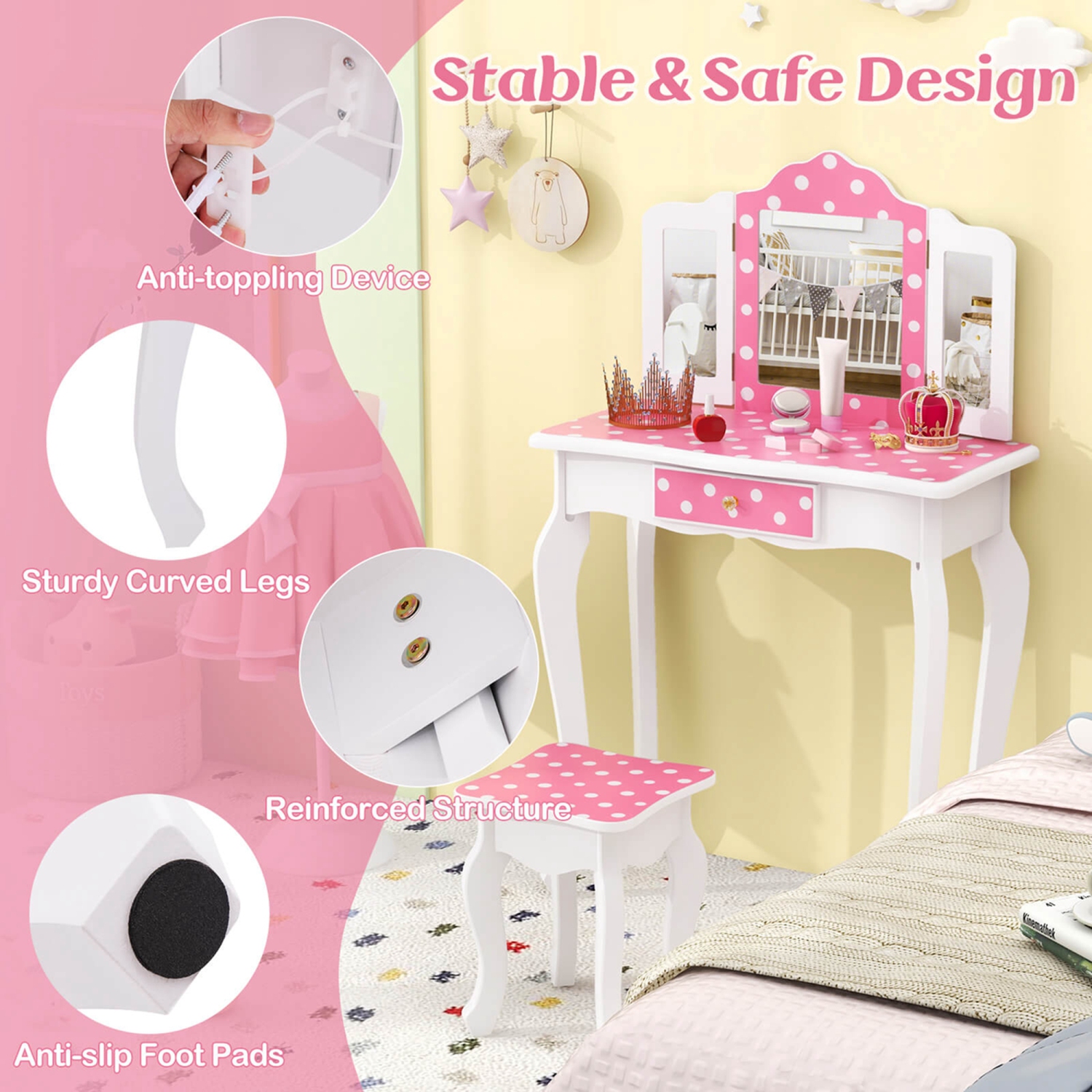 Costway Kids Vanity Table & Stool Set with Cute Polka Dot Print Tri-folding Mirror Drawer