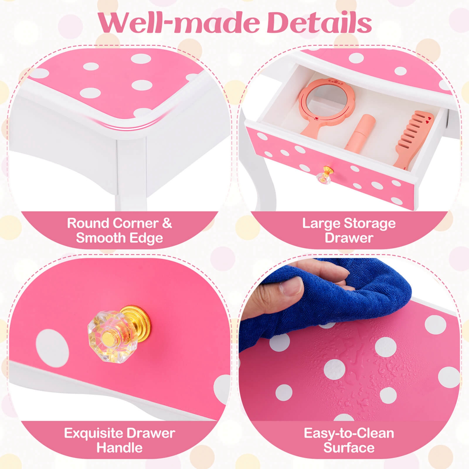 Costway Kids Vanity Table & Stool Set with Cute Polka Dot Print Tri-folding Mirror Drawer