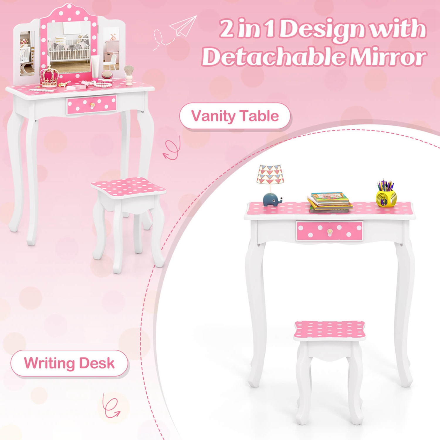 Costway Kids Vanity Table & Stool Set with Cute Polka Dot Print Tri-folding Mirror Drawer