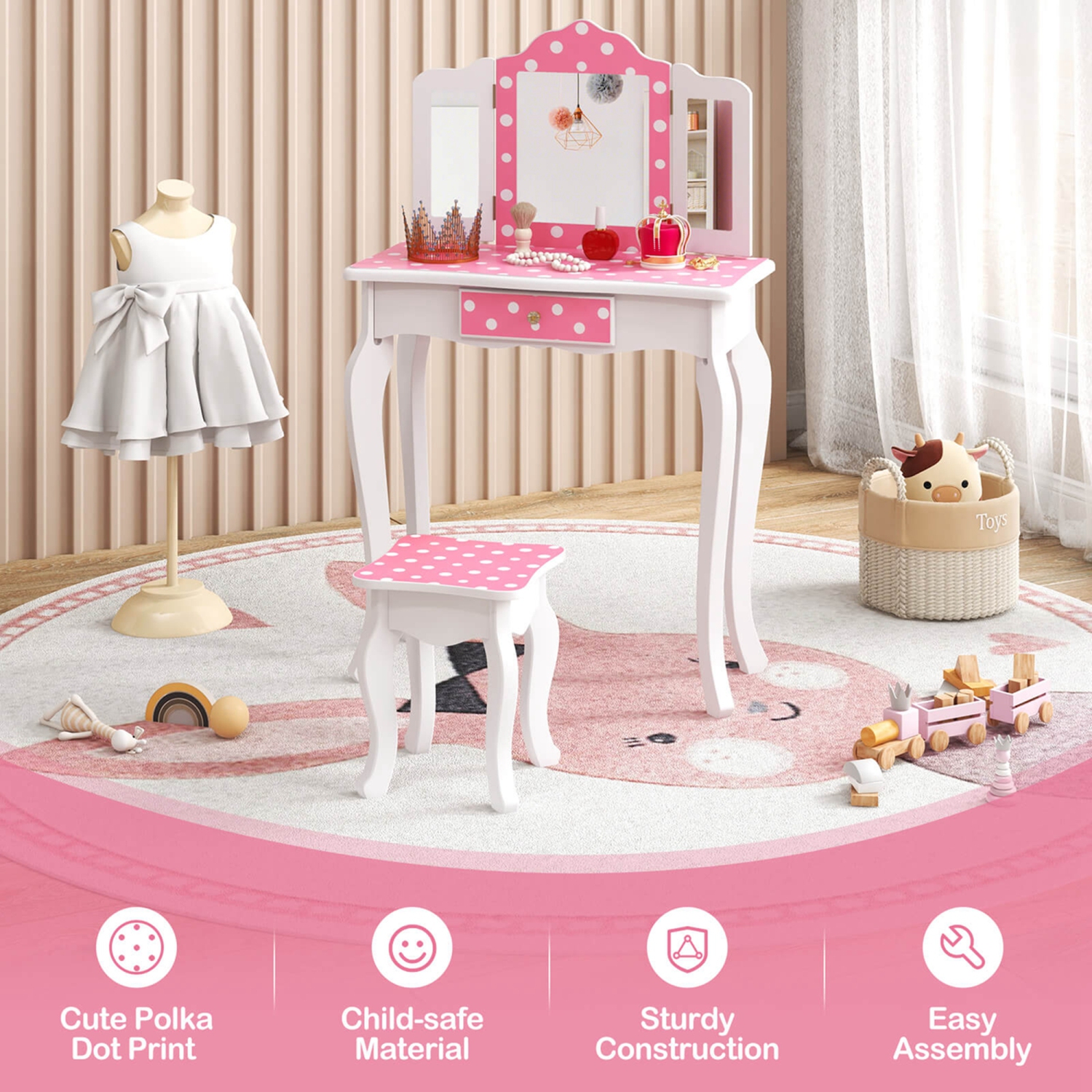 Costway Kids Vanity Table & Stool Set with Cute Polka Dot Print Tri-folding Mirror Drawer