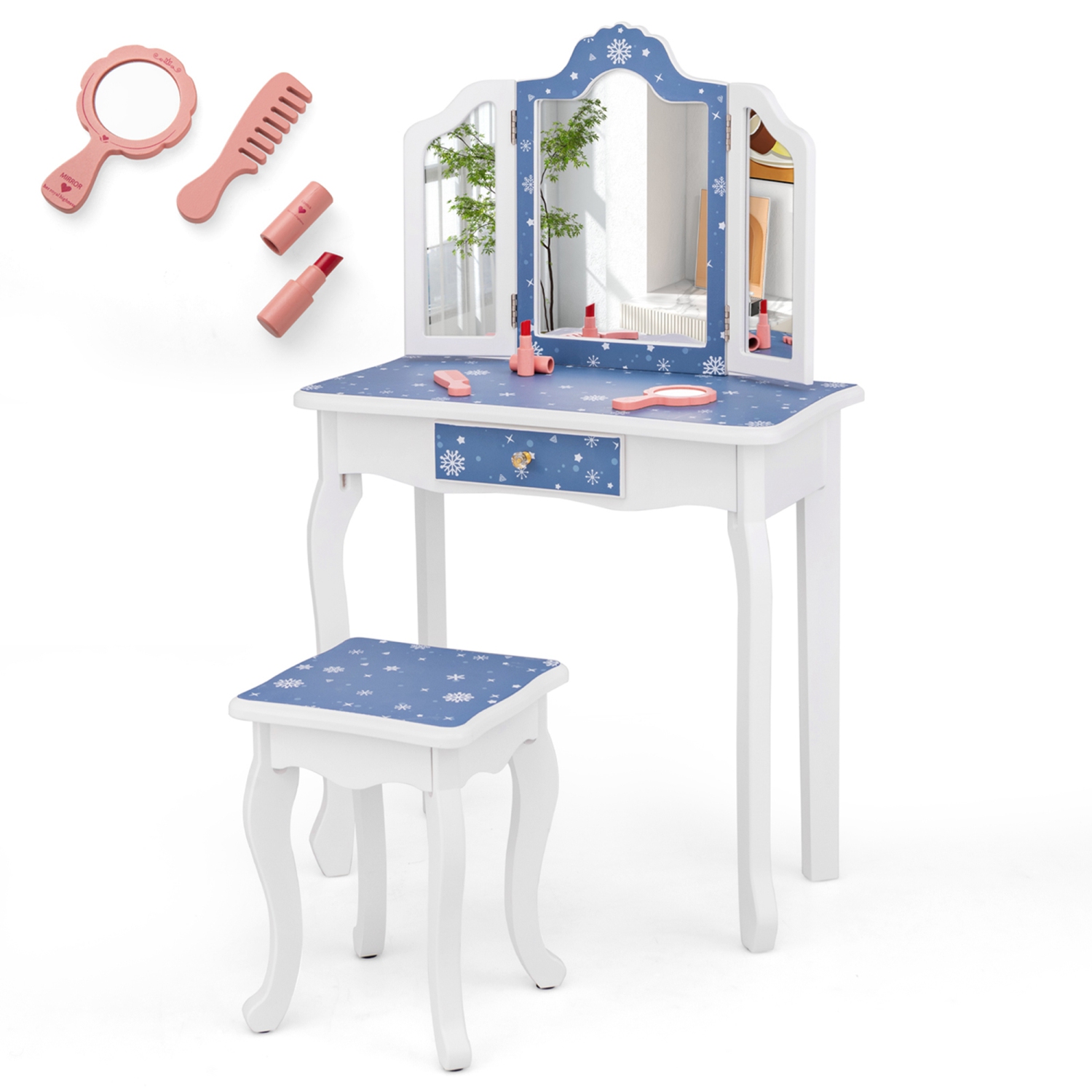 Costway Kids Vanity Table & Stool Set with Cute Polka Dot Print Tri-folding Mirror Drawer