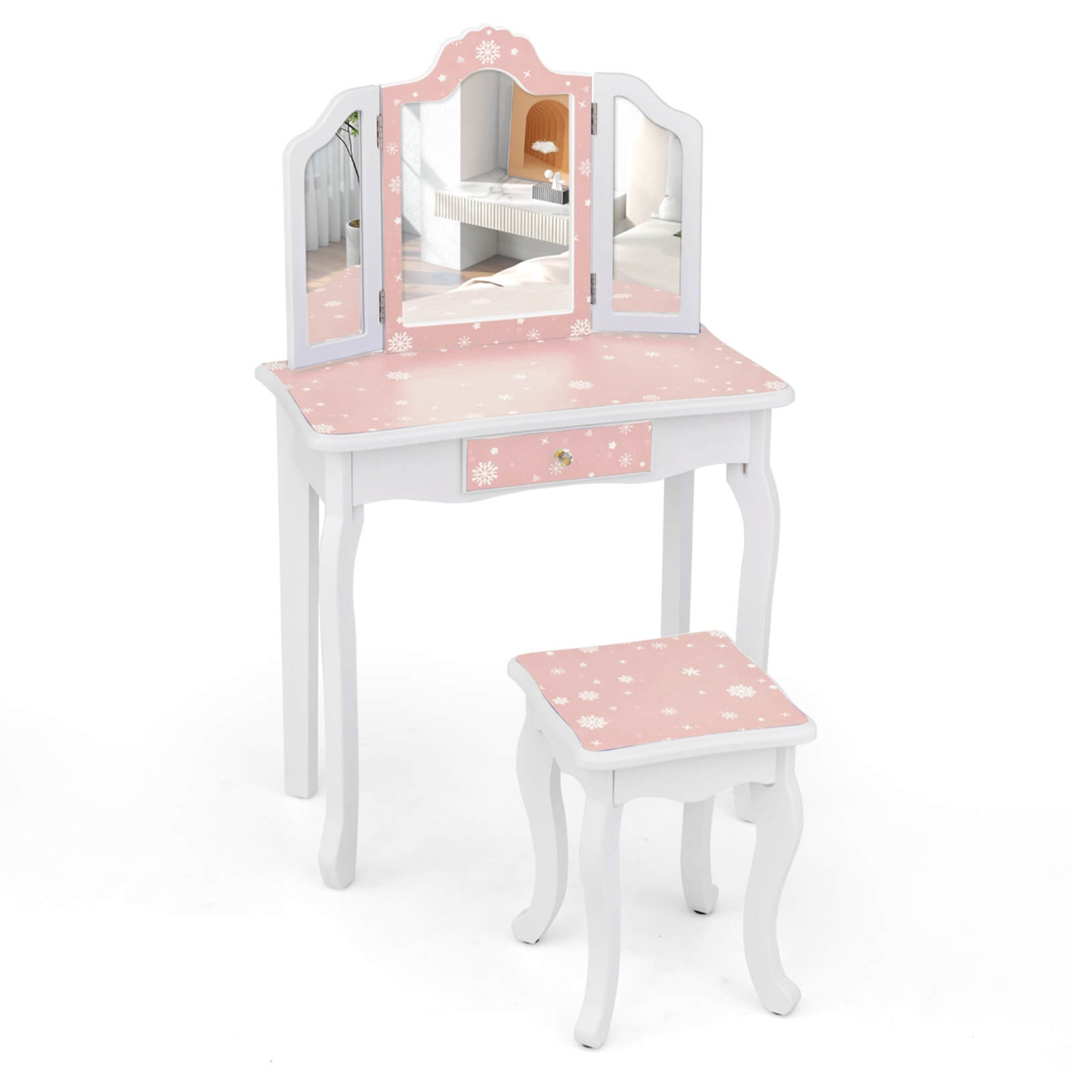 Ensemble coiffeuse et tabouret pour enfants avec charmant tiroir miroir repliable à imprimé à pois de Costway