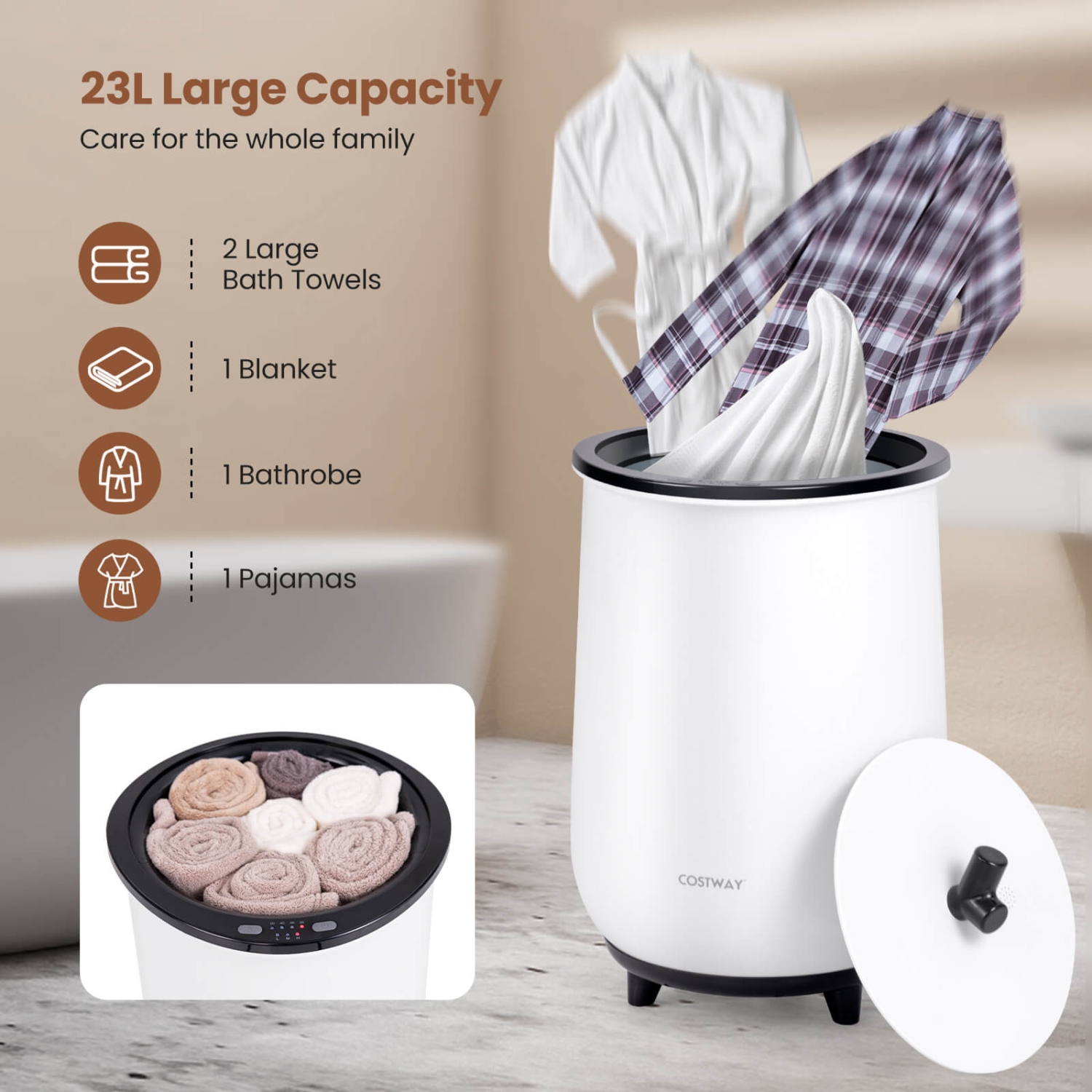 Costway 23L Bathroom Towel Warmer Bucket 4 Timer with Fragrance Holder & 3-Level Heating