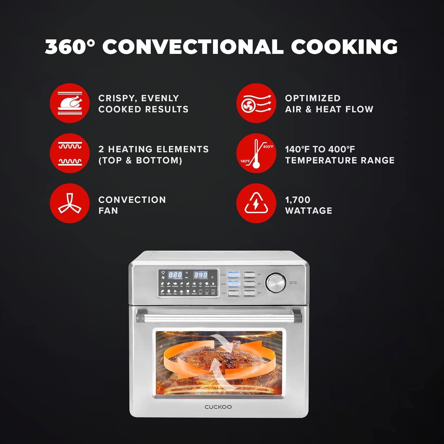 CUCKOO CAFO-A2601S 6-in-1 Air Oven, 18 Menu Modes, Convection Oven, Toaster, Air Fryer, Dehydrator, Defroster, 360 Convectional Cooking