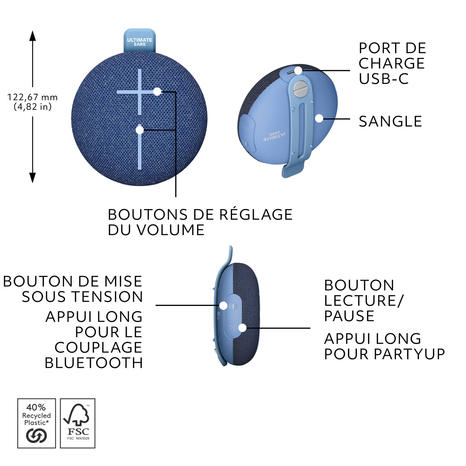 Haut-parleur miniature sans fil portatif Bluetooth étanche MINIROLL d'Ultimate Ears - Bleu majestueux