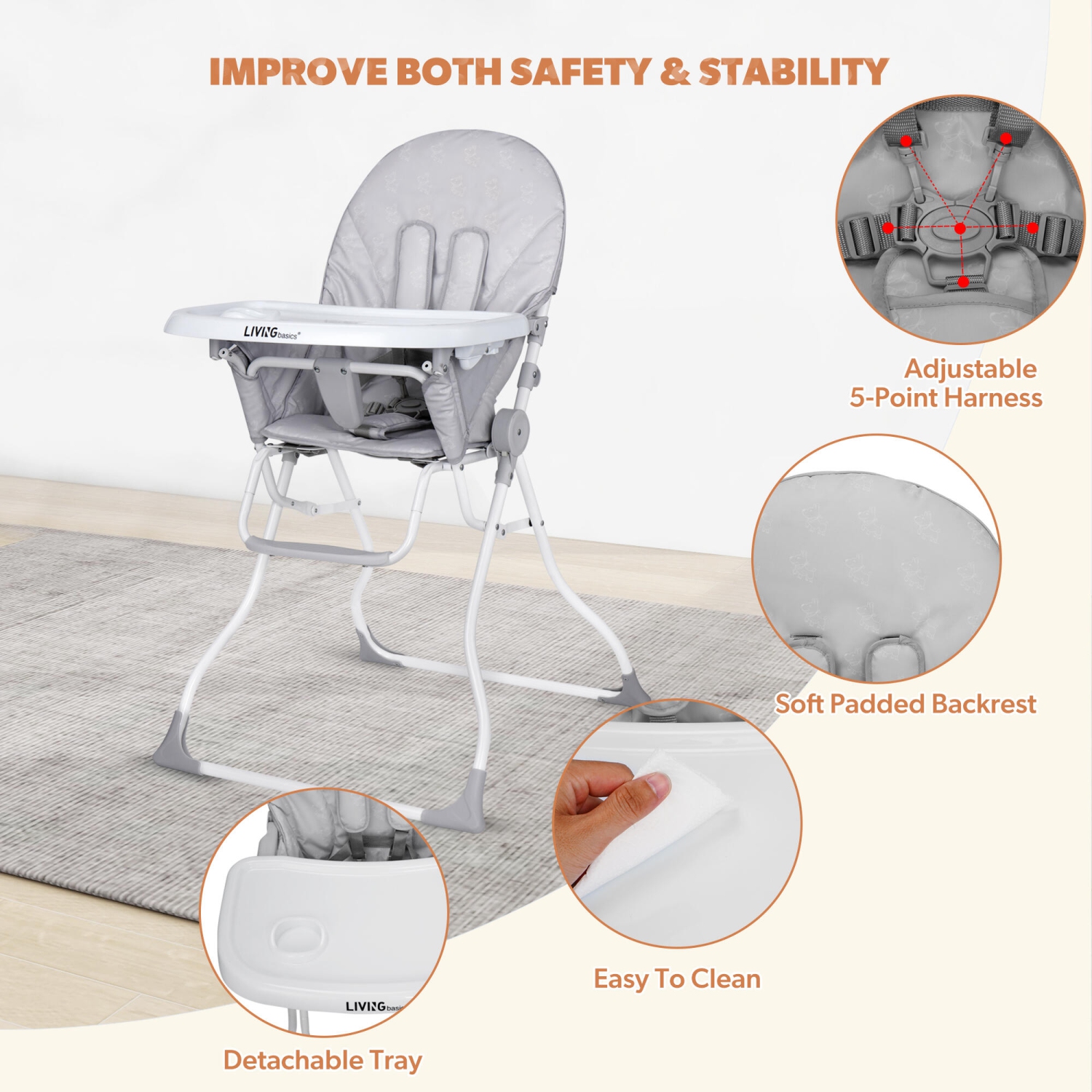 Baby High Chair, Portable Foldable Dining Booster Seat with Adjustable Tray for Babies and Toddlers, Grey