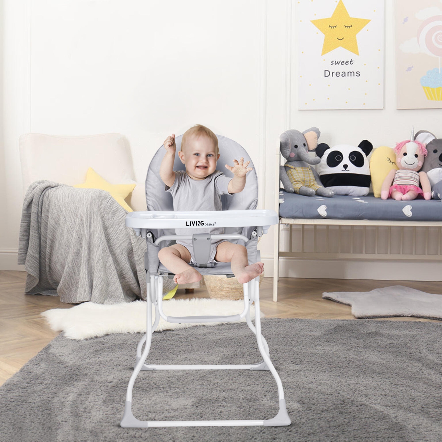 Baby High Chair, Portable Foldable Dining Booster Seat with Adjustable Tray for Babies and Toddlers, Grey